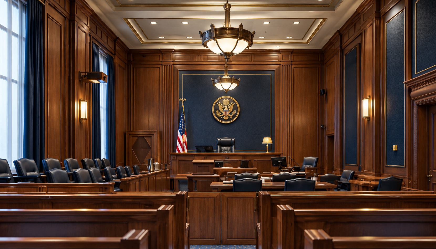 Empty courtroom with dark wood paneling, U.S. flag, bench, and chandeliers.