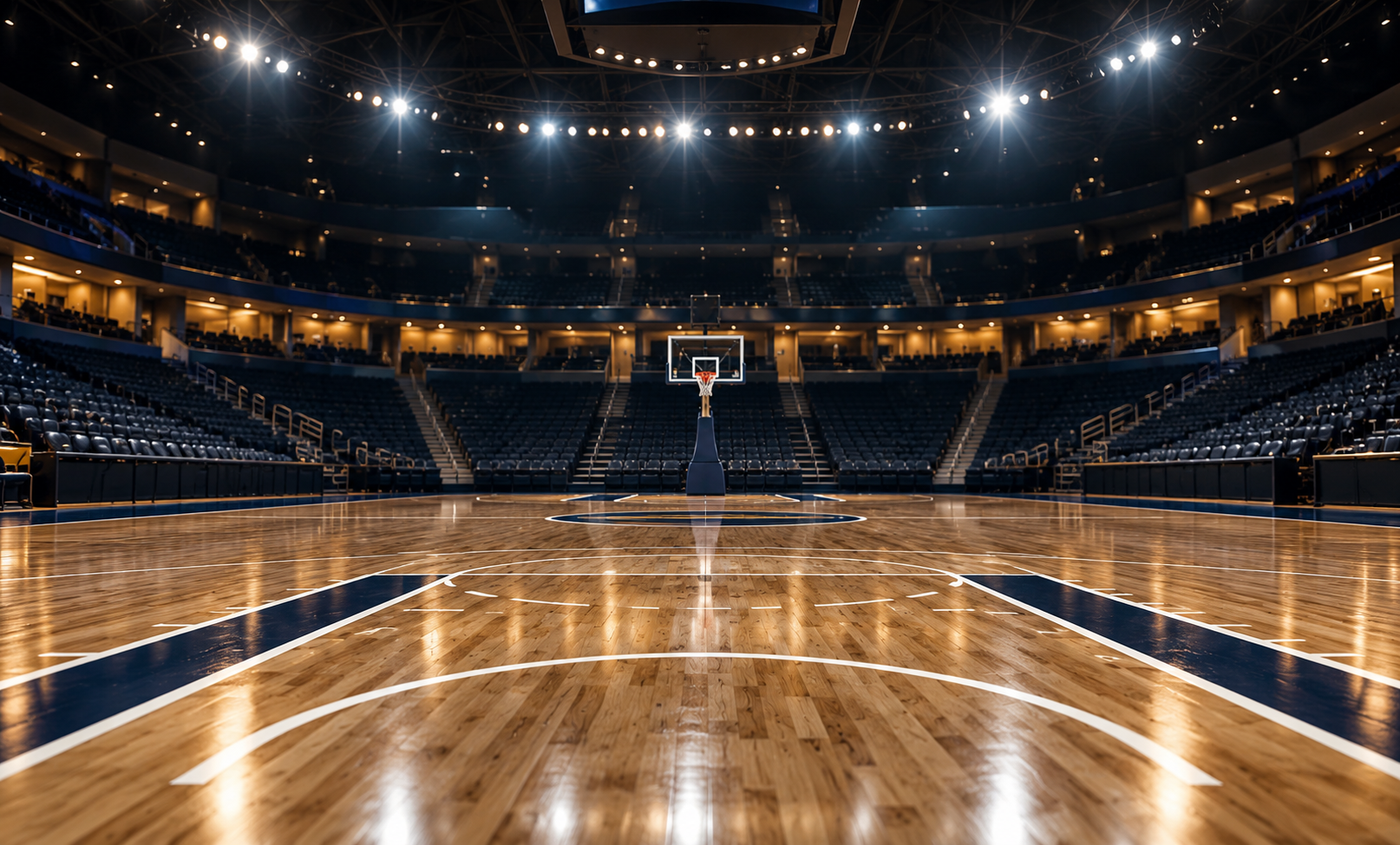 Empty indoor basketball arena with polished wooden court and bright overhead lights