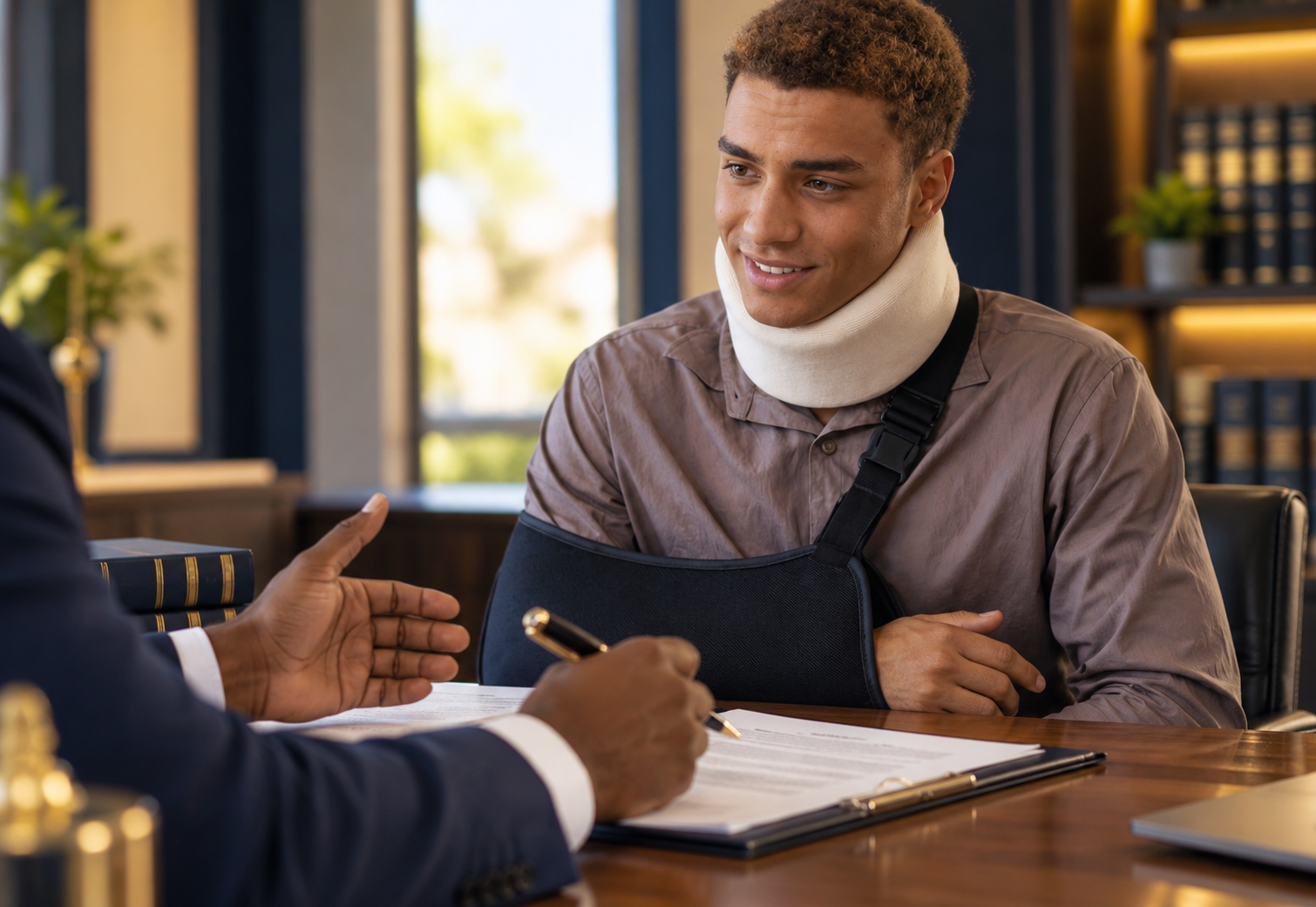 Person with a neck brace signs documents across from a lawyer at a desk in an office.