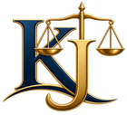 Gold and blue KJ monogram with balanced scales, suggesting law or justice branding