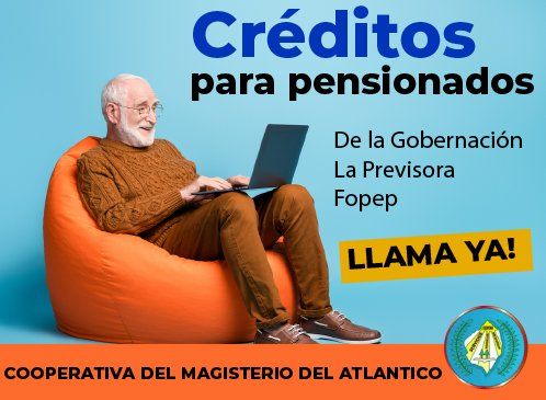 Créditos para pensionados: anuncio azul con hombre en silla naranja usando laptop y botón “LLAMA YA!”