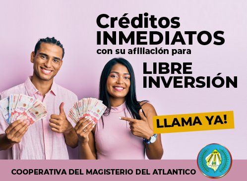 Anuncio de créditos inmediatos y libre inversión con llamada ya; personas mostrando billetes sobre fondo rosa.