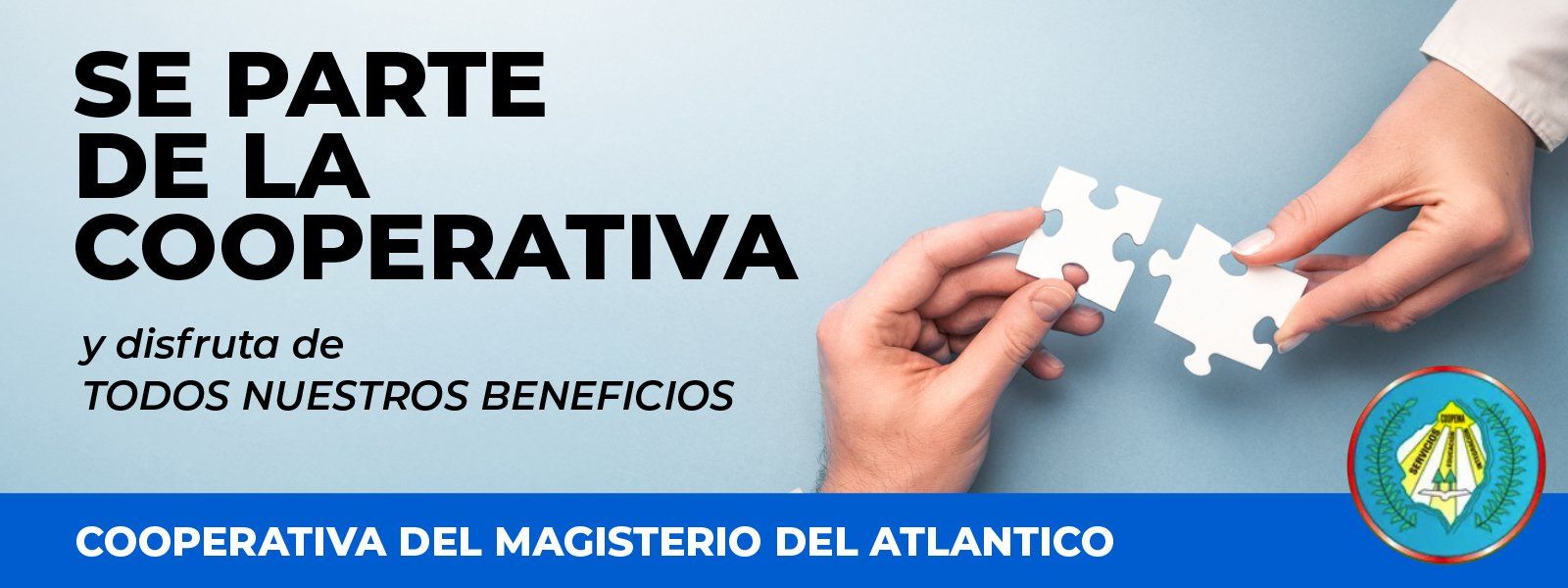 Banner promoting joining the cooperative, with hands fitting puzzle pieces and blue background.