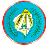 Circular emblem with blue and red border, laurel branches, and a central ship on a yellow shield