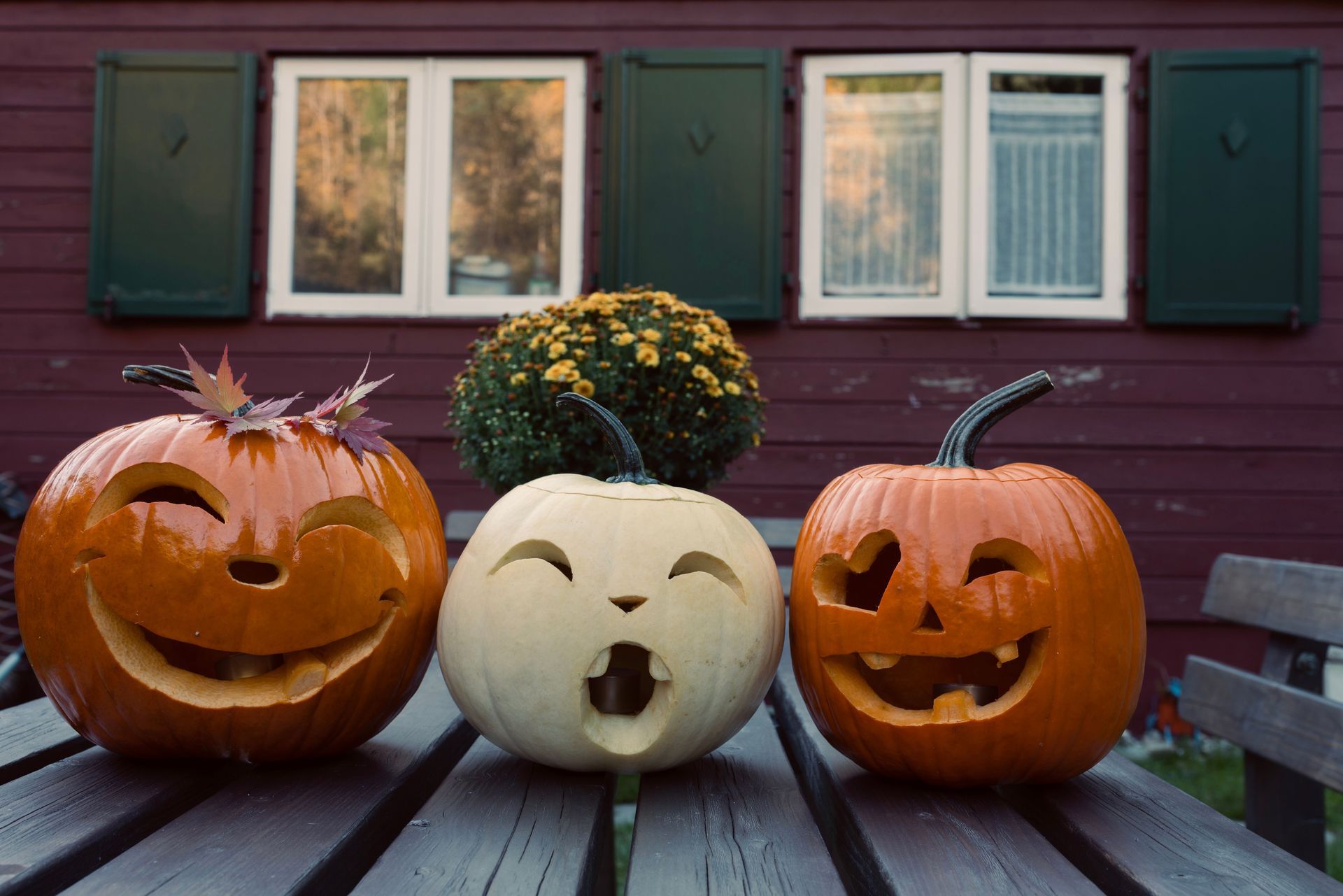 Three carved pumpkins on a porch, with a white and two orange jack-o'-lanterns in front of a maroon house.