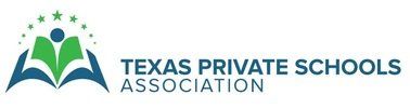 Texas Private Schools Association logo with green open book and blue stars above text