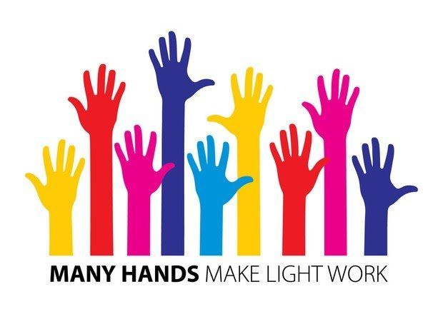Colorful raised hands with the text “Many hands make light work”