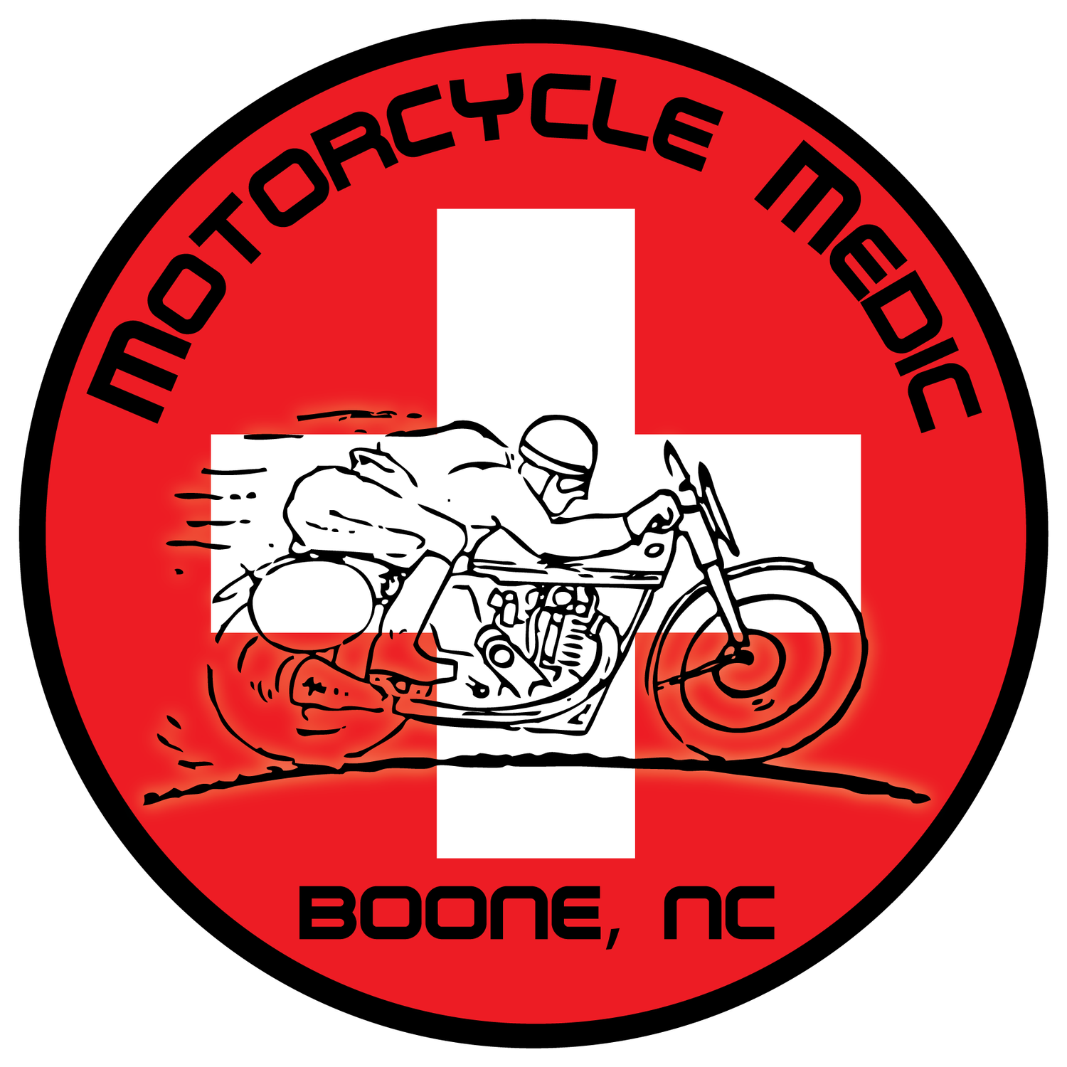 A red and white logo for Motorcycle Medic Boone NC
