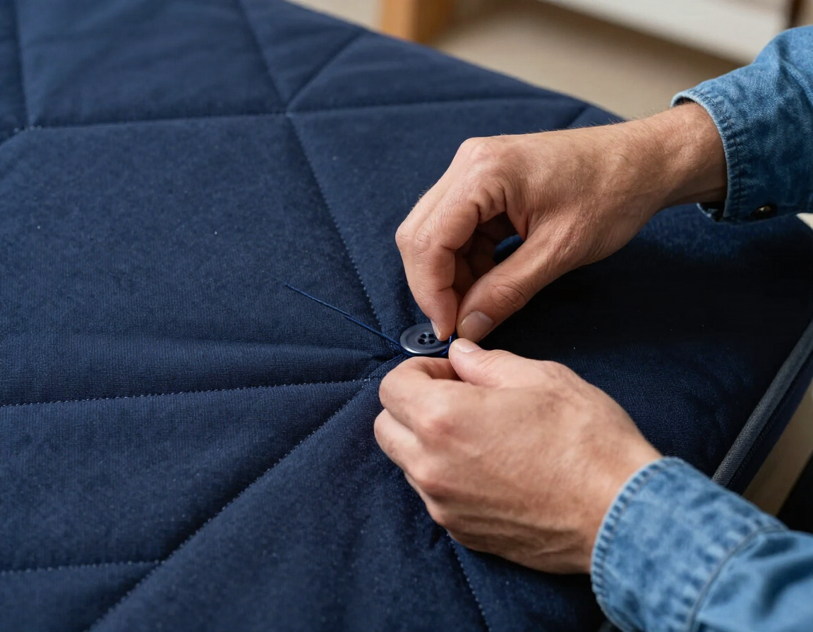 Craftsperson stitching a luxury mattress by hand