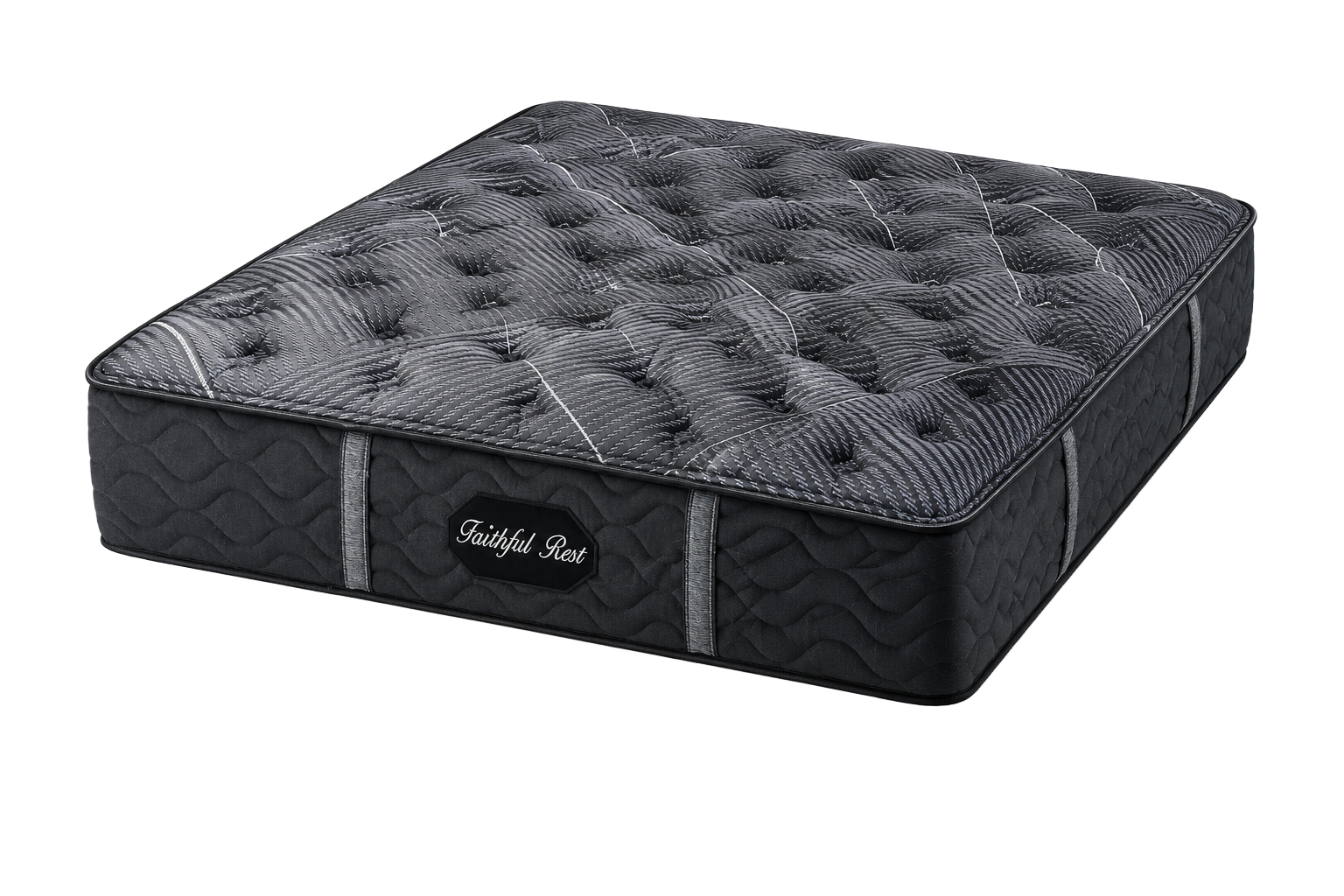 Faithful Rest Black mattress with quilted charcoal cover and hand-tufting detail