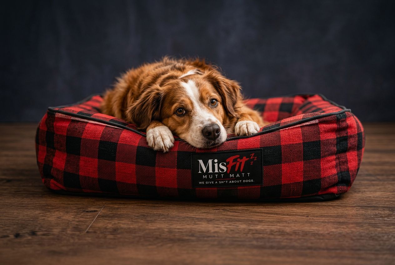 Brown-and-white dog resting in a red-and-black plaid MisFIT Mutt Matt dog bed