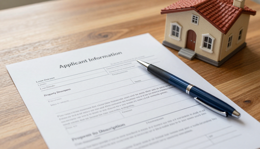 Mortgage application document with pen and home model