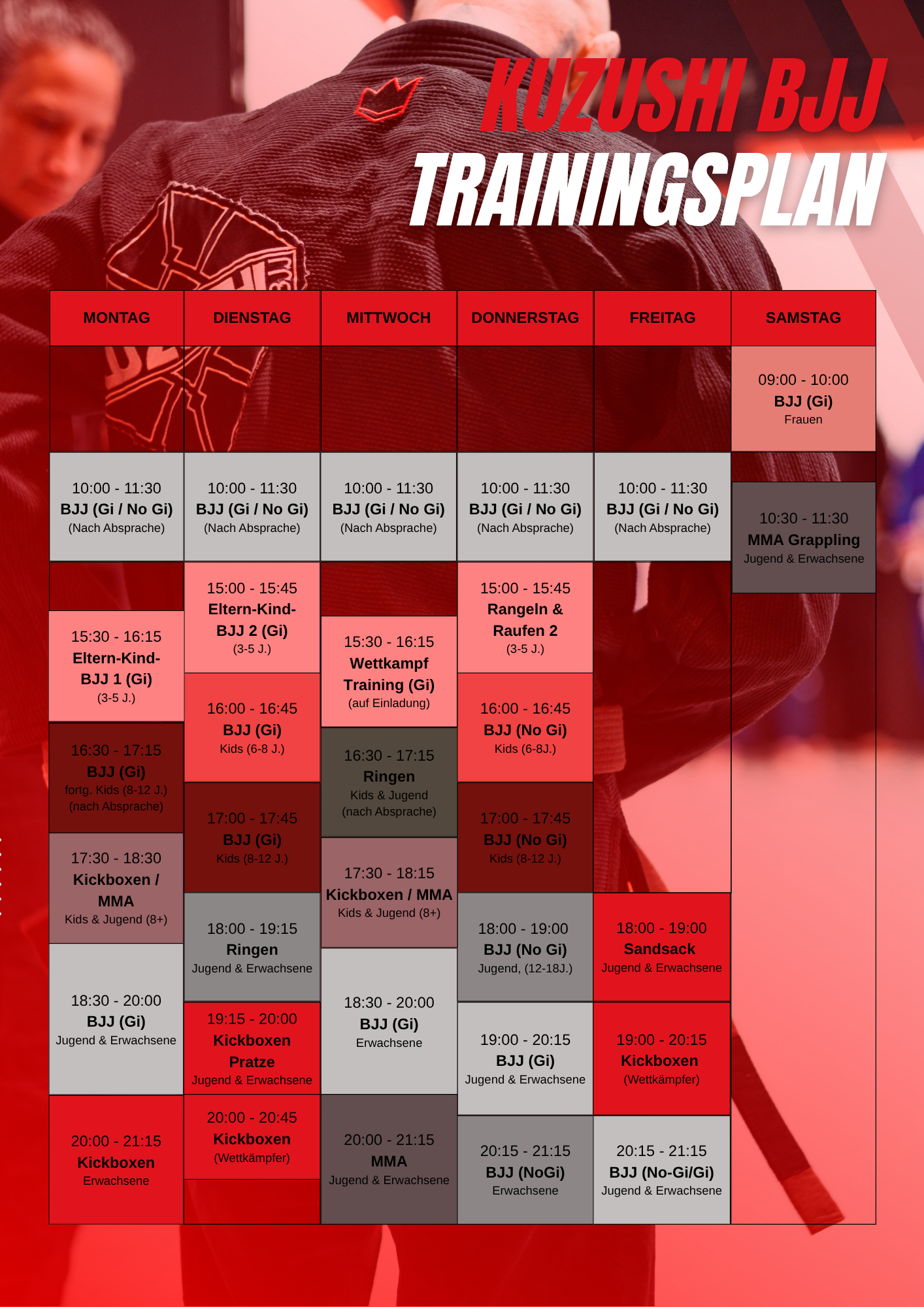 Trainingsplan für Kuzushi BJJ mit Zeitplan für jeden Wochentag; BJJ, Kickboxen, Ringen