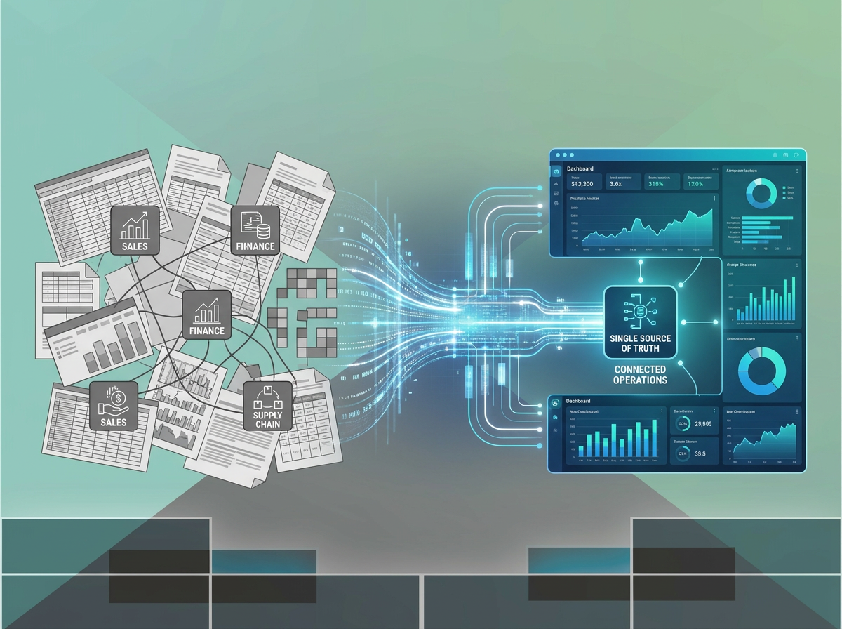 Abstract manufacturing planning image showing disconnected spreadsheet panels and data blocks conver