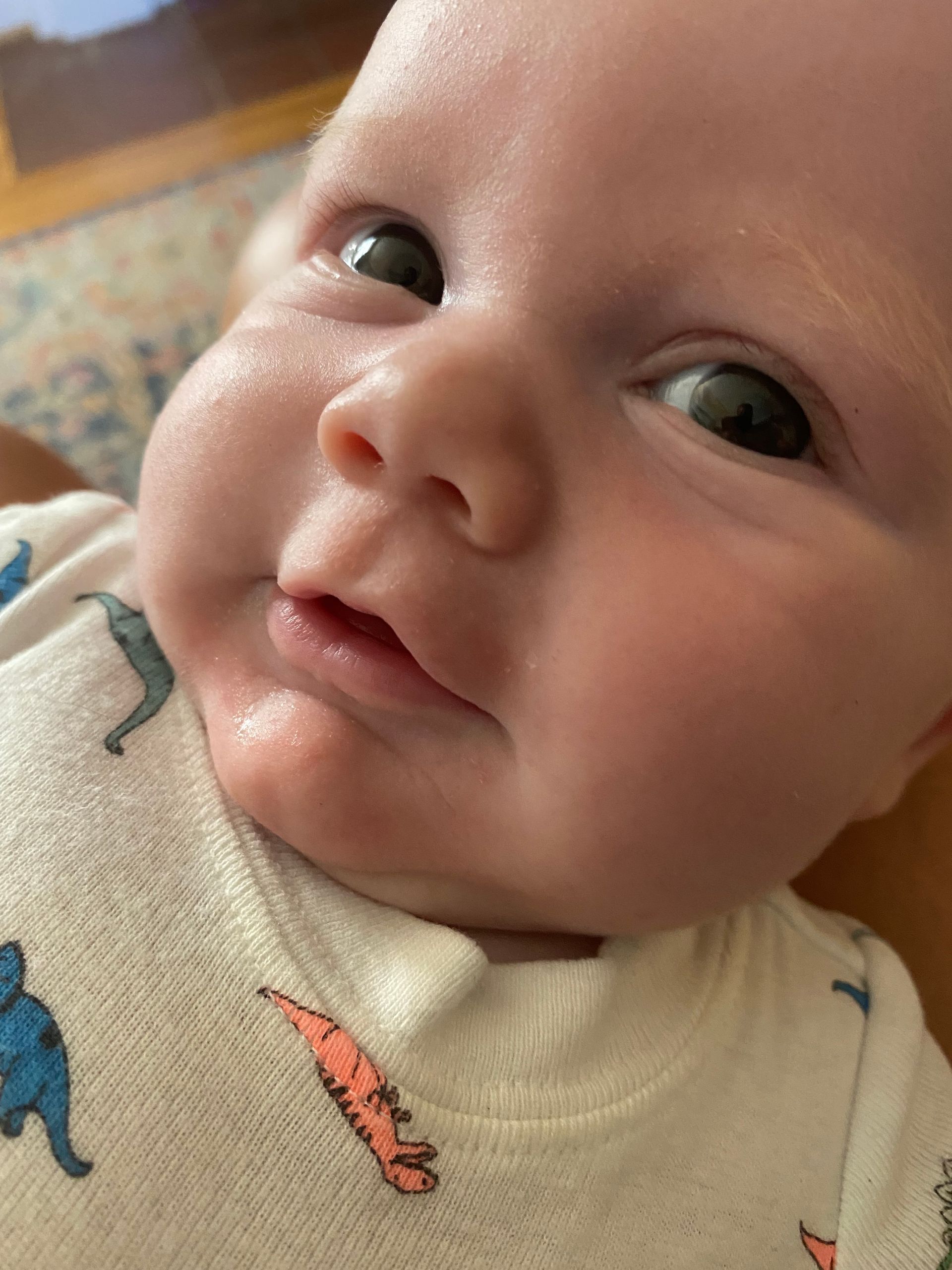 A close-up of an infant wearing a white shirt with colorful dinosaur patterns, looking upward with a soft expression.