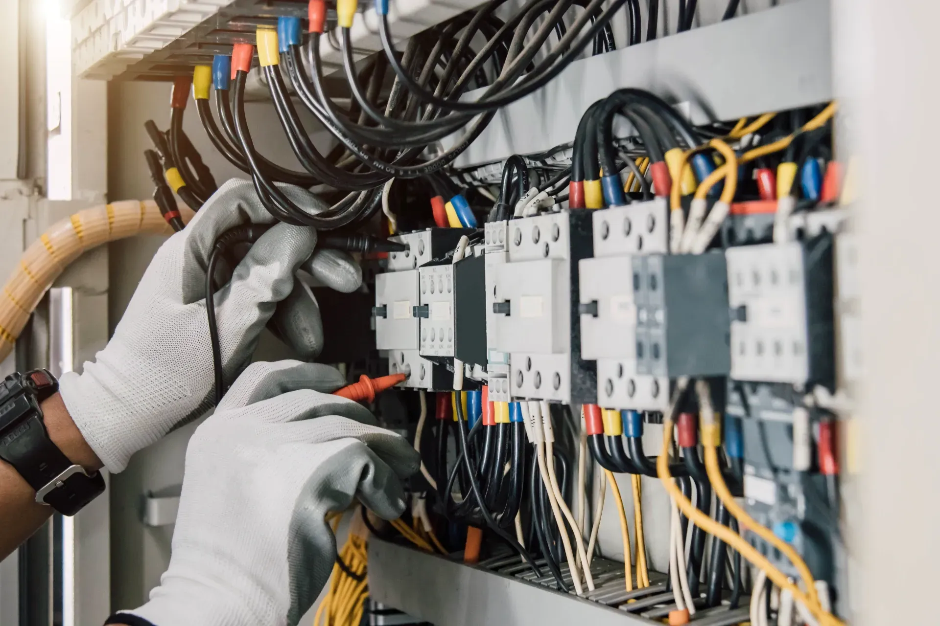 Gloved hands wiring electrical control panels with multicolored cables in a service cabinet — Anthony Cameron Electrical & Solar In Woodgate, QLD