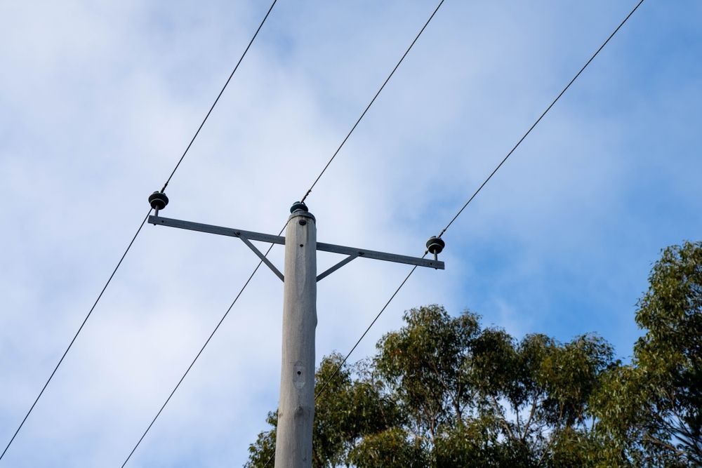 Power pole with overhead power lines against a blue sky and trees — Anthony Cameron Electrical & Solar In Childers, QLD