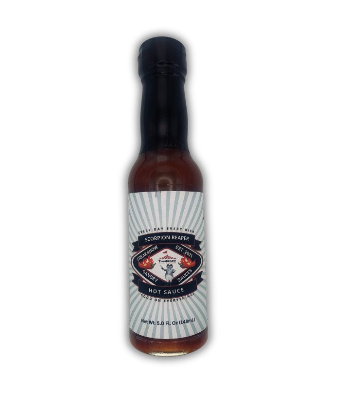 Freakshow Savory Sauces Scorpion Reaper Hot Sauce with mascot Bob Clarence