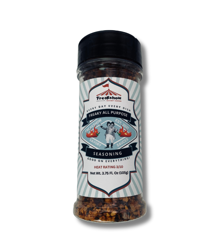 A jar of seasoning with a striped label on a white background.