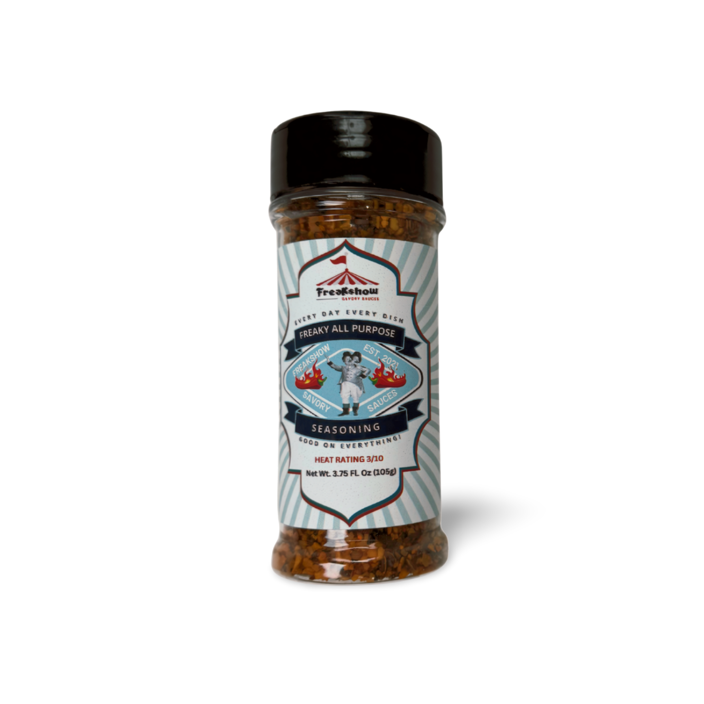 A bottle of seasoning with a striped label on a white background.