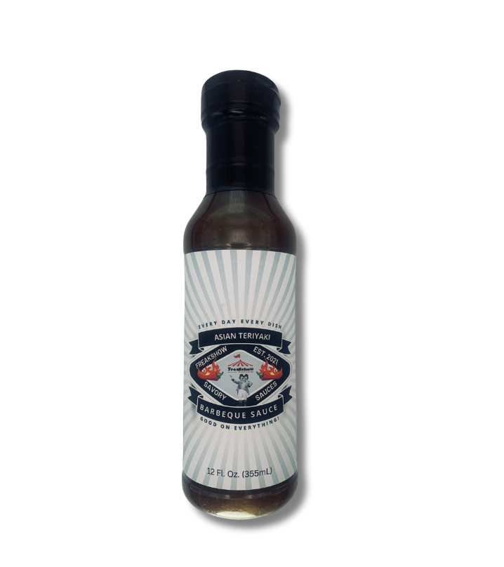 A bottle of asian teriyaki barbeque sauce on a red podium