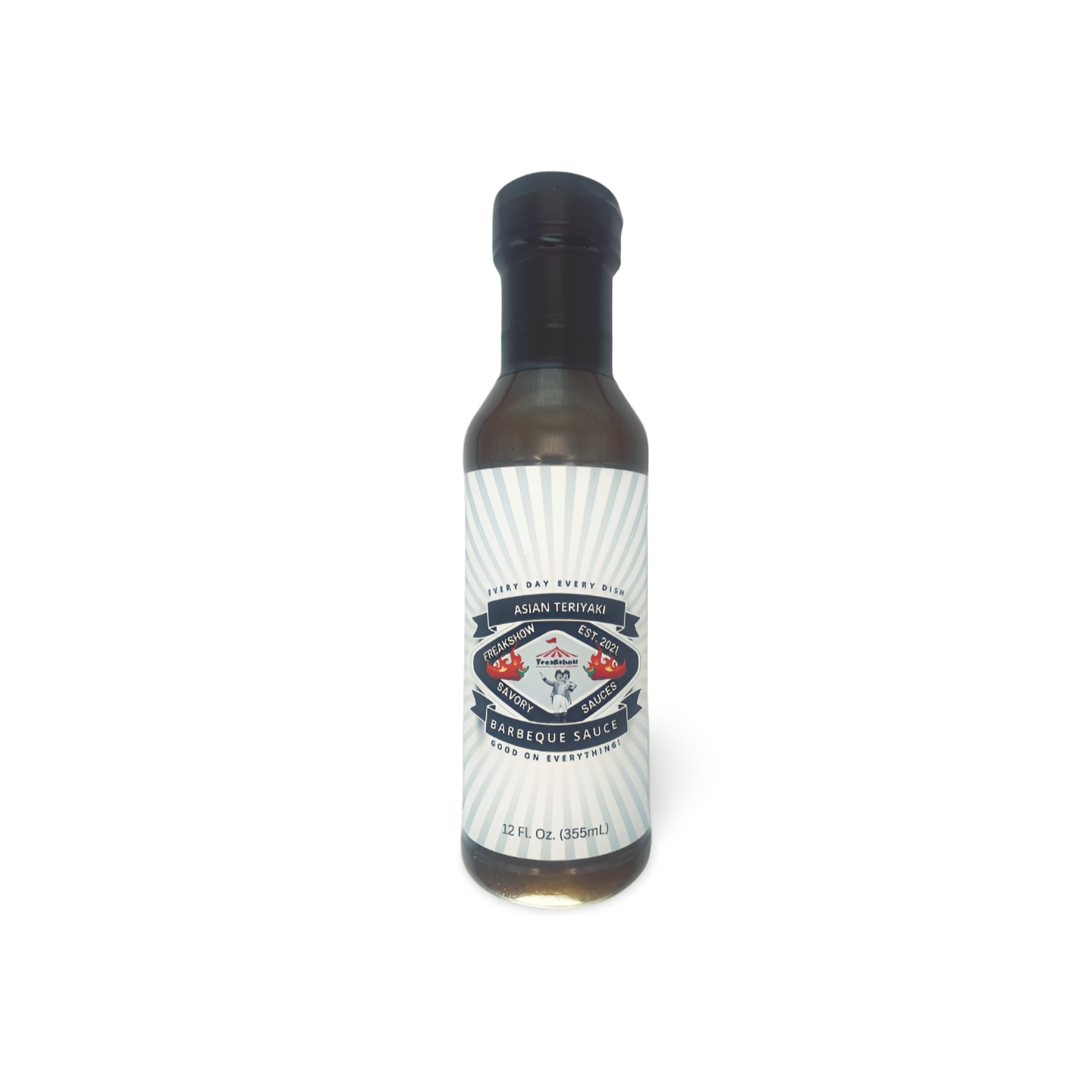 A bottle of sauce with a white label on a white background.