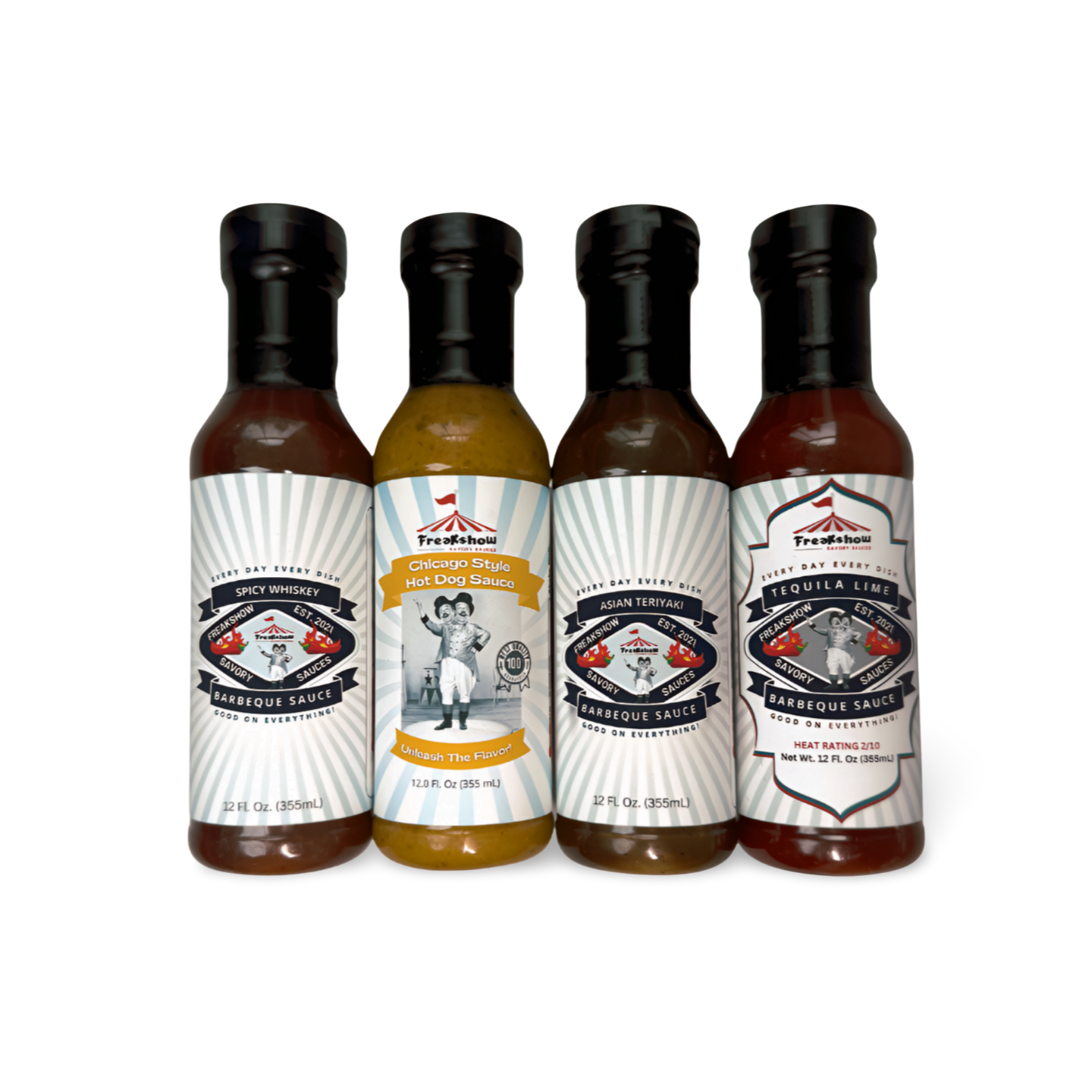 Four bottles of different sauces are lined up in a row on a white background.