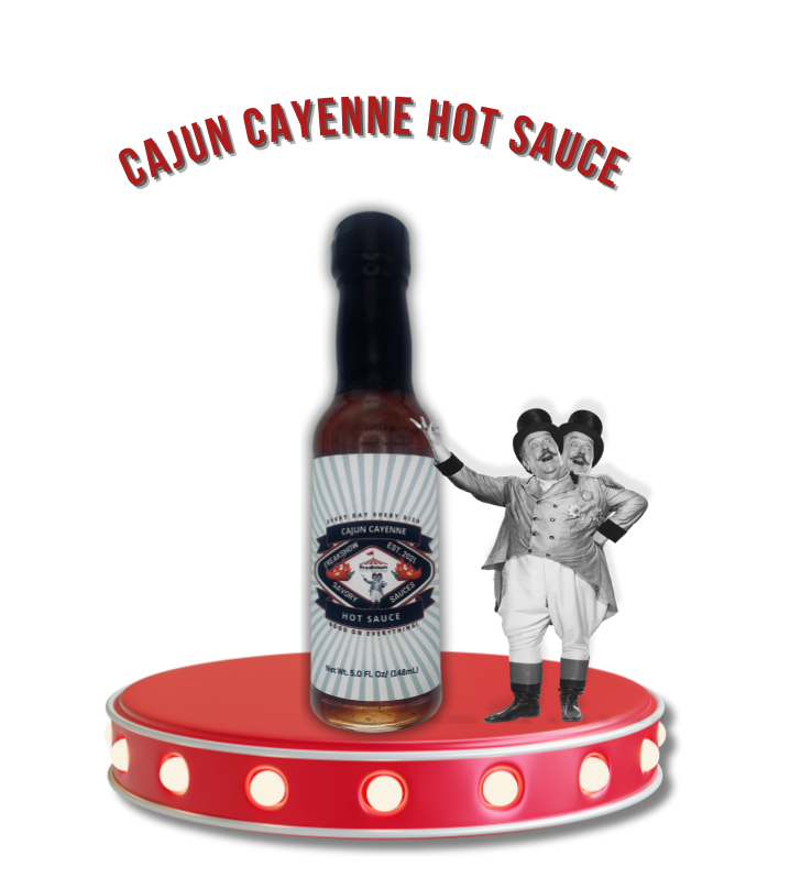 A bottle of cajun cayenne hot sauce with a man standing next to it