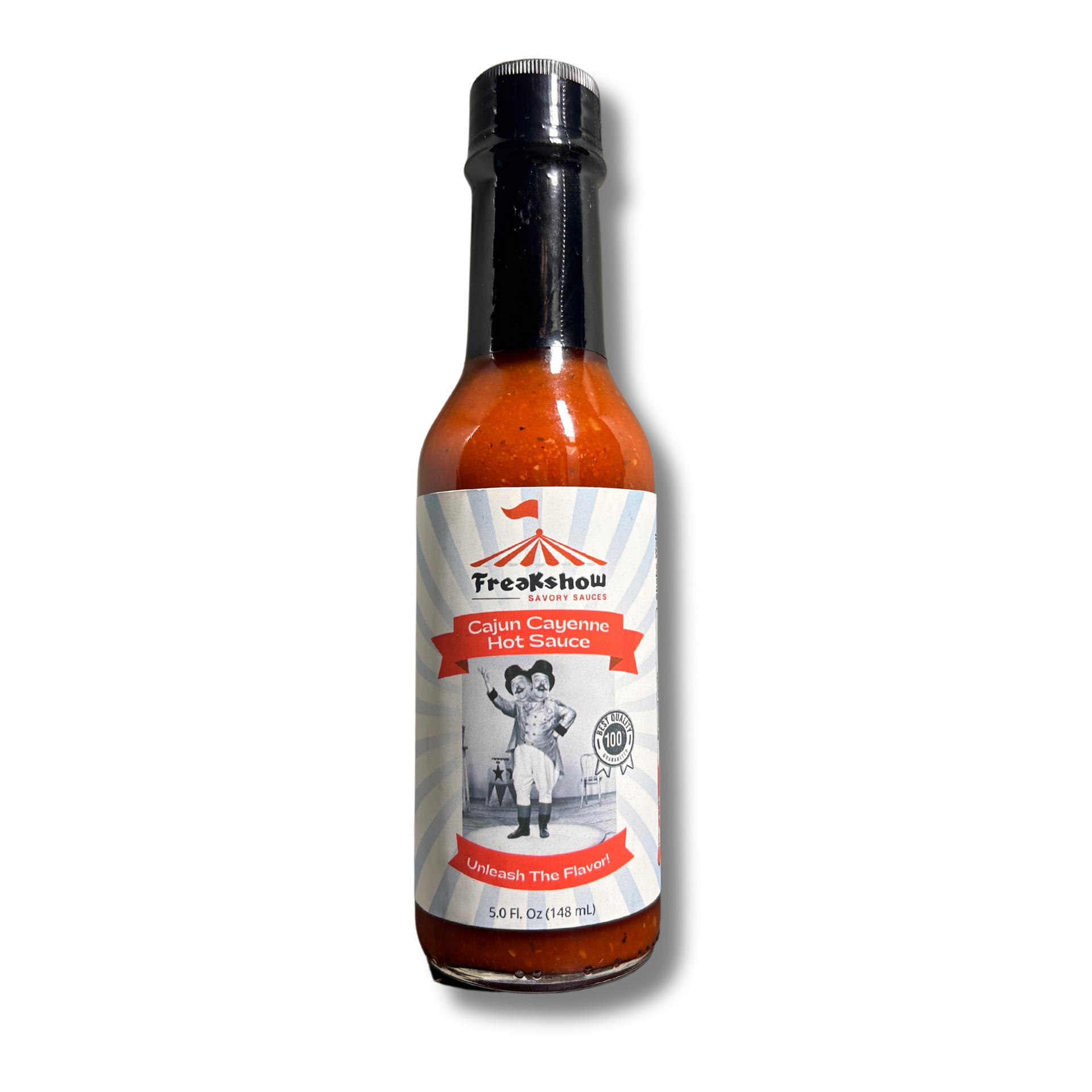 A bottle of hot sauce with a picture of a clown on the label