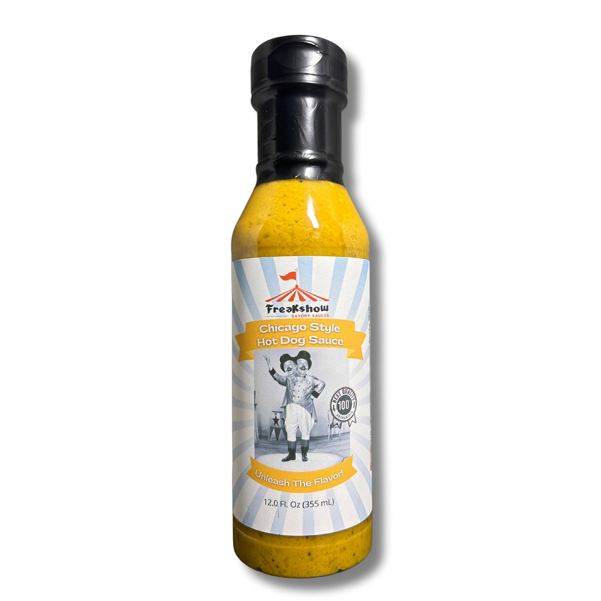 A bottle of yellow sauce with a picture of a boy on the label.