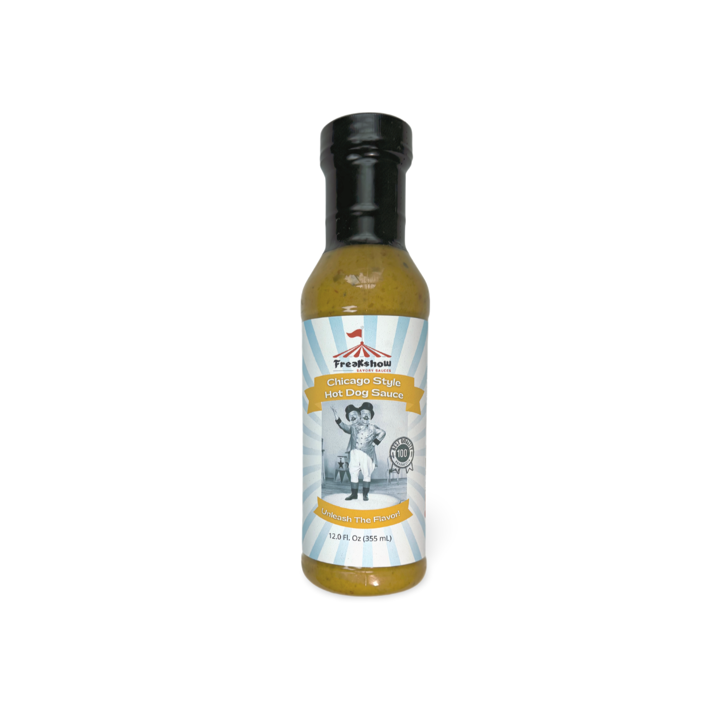 A bottle of dressing with a picture of a man on the label.