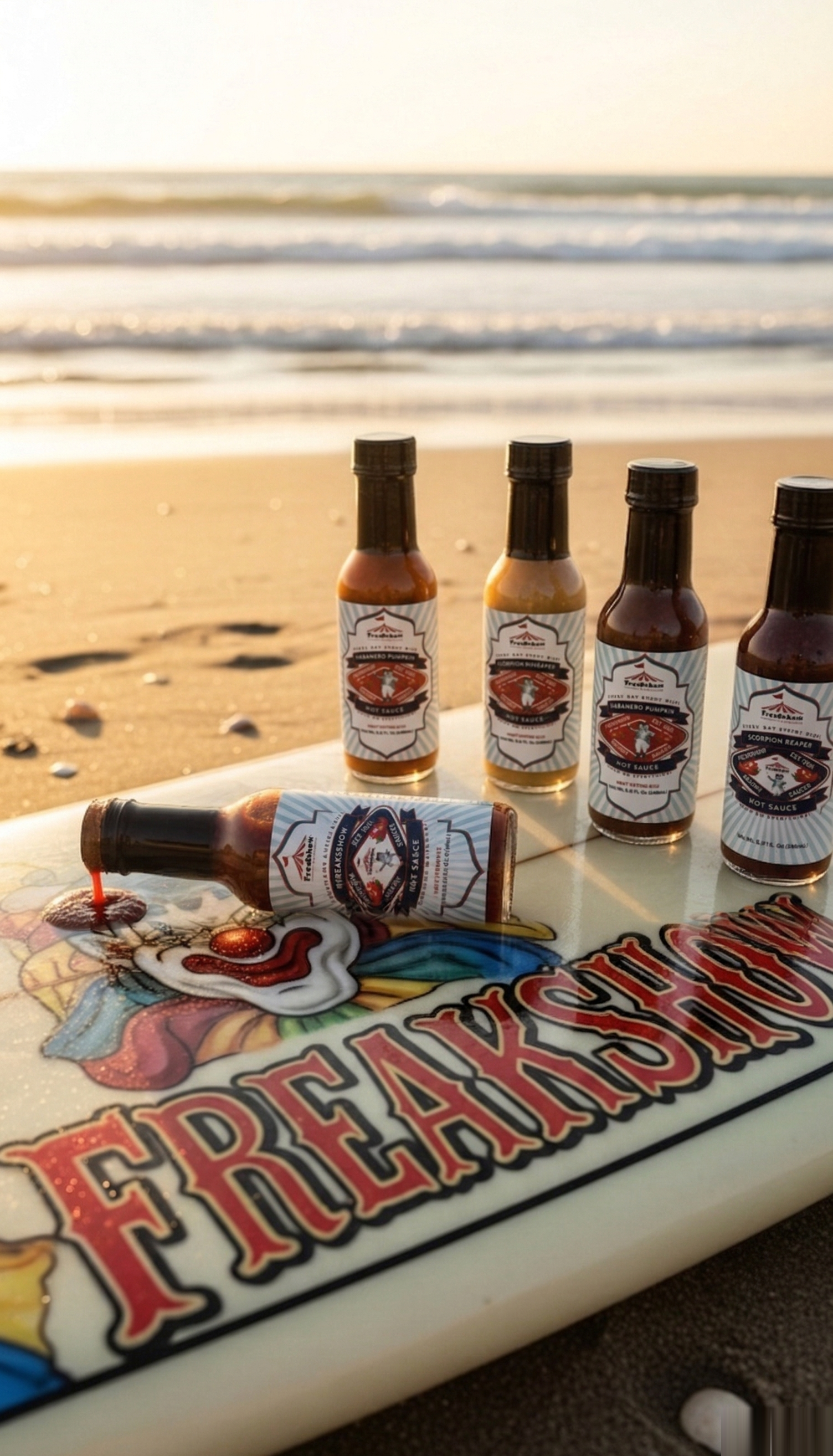 Five bottles of Freakshow hot sauce stand on a surfboard at the beach, with one bottle lying on its side. Five bottles of Freakshow hot sauce stand on a surfboard at the beach, with one bottle lying on its side.
