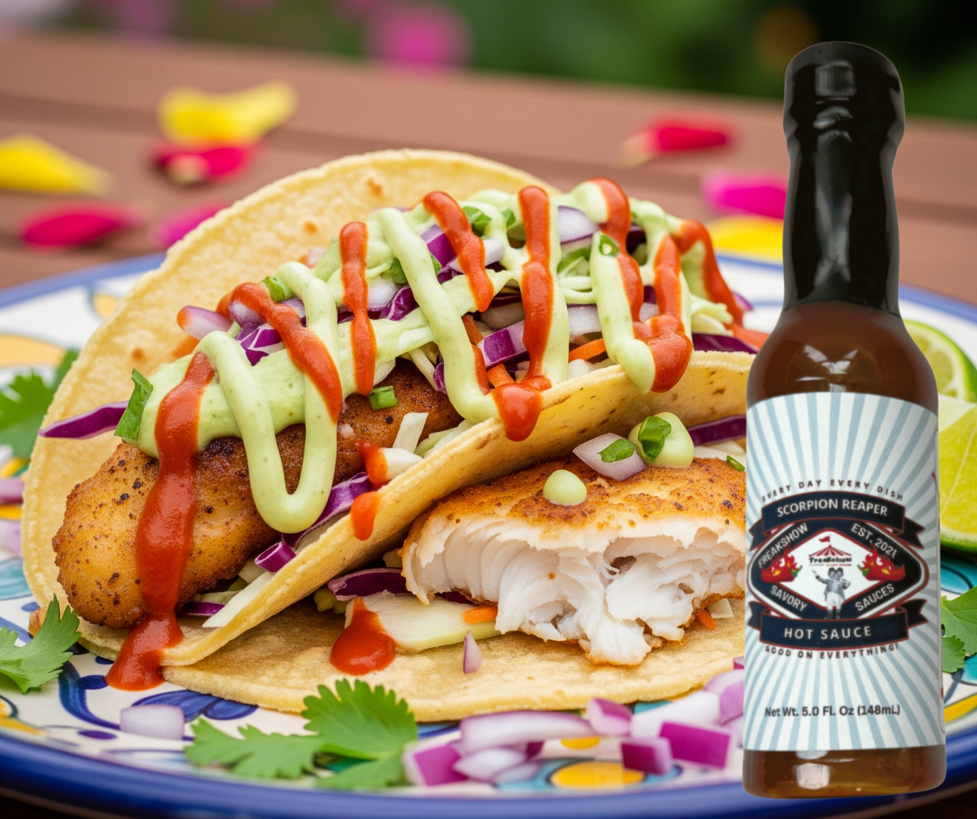 Fish tacos with red sauce and green drizzle, near a hot sauce bottle. Fish tacos with red sauce and green drizzle, near a hot sauce bottle.