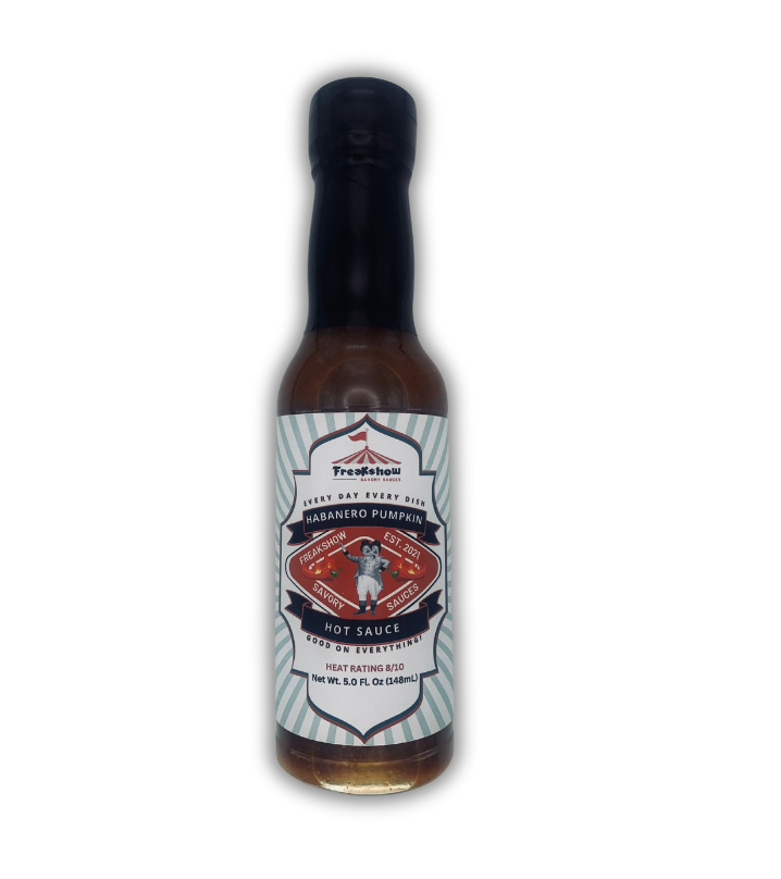 A bottle of hot sauce with a striped label on a white background.