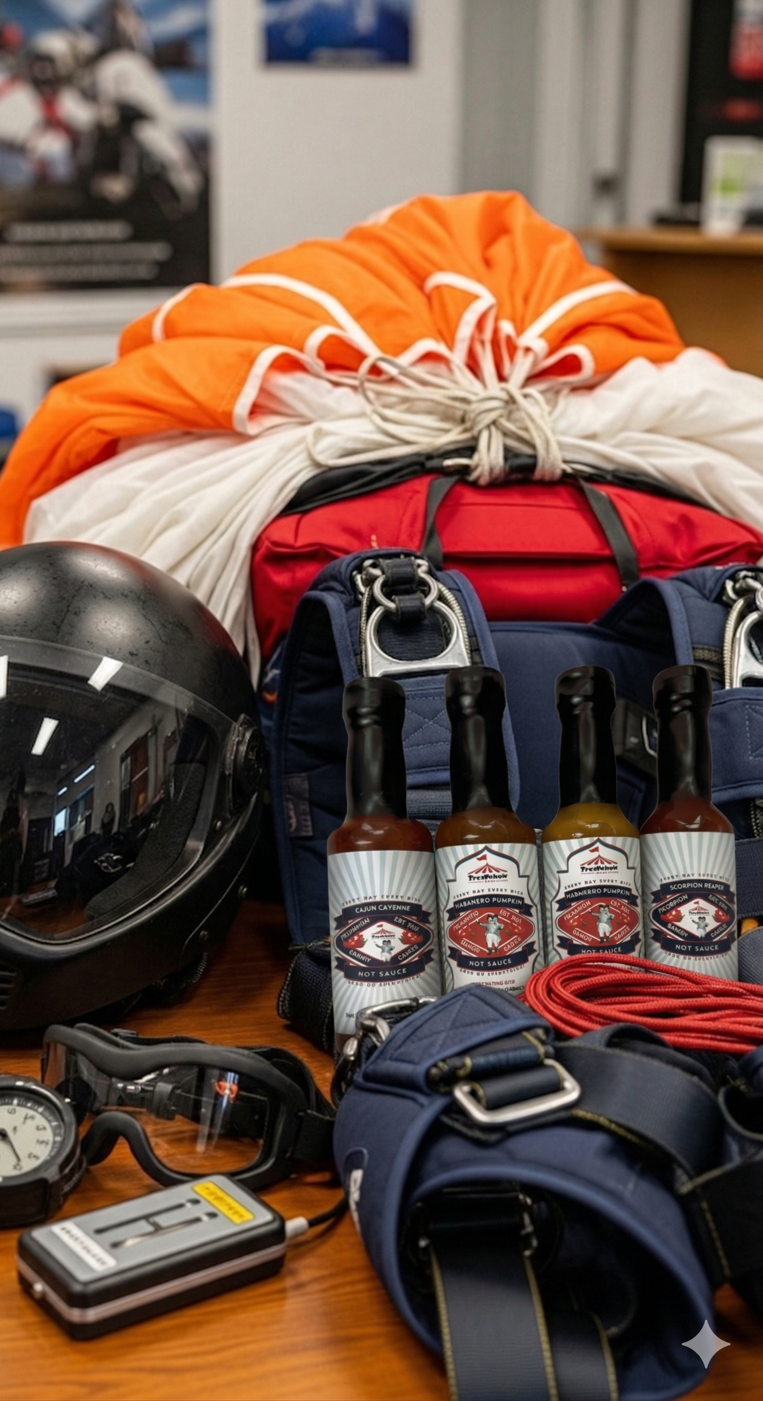 Parachute gear, a helmet, goggles, and four bottles of hot sauce are arranged on a wooden surface. Parachute gear, a helmet, goggles, and four bottles of hot sauce are arranged on a wooden surface.