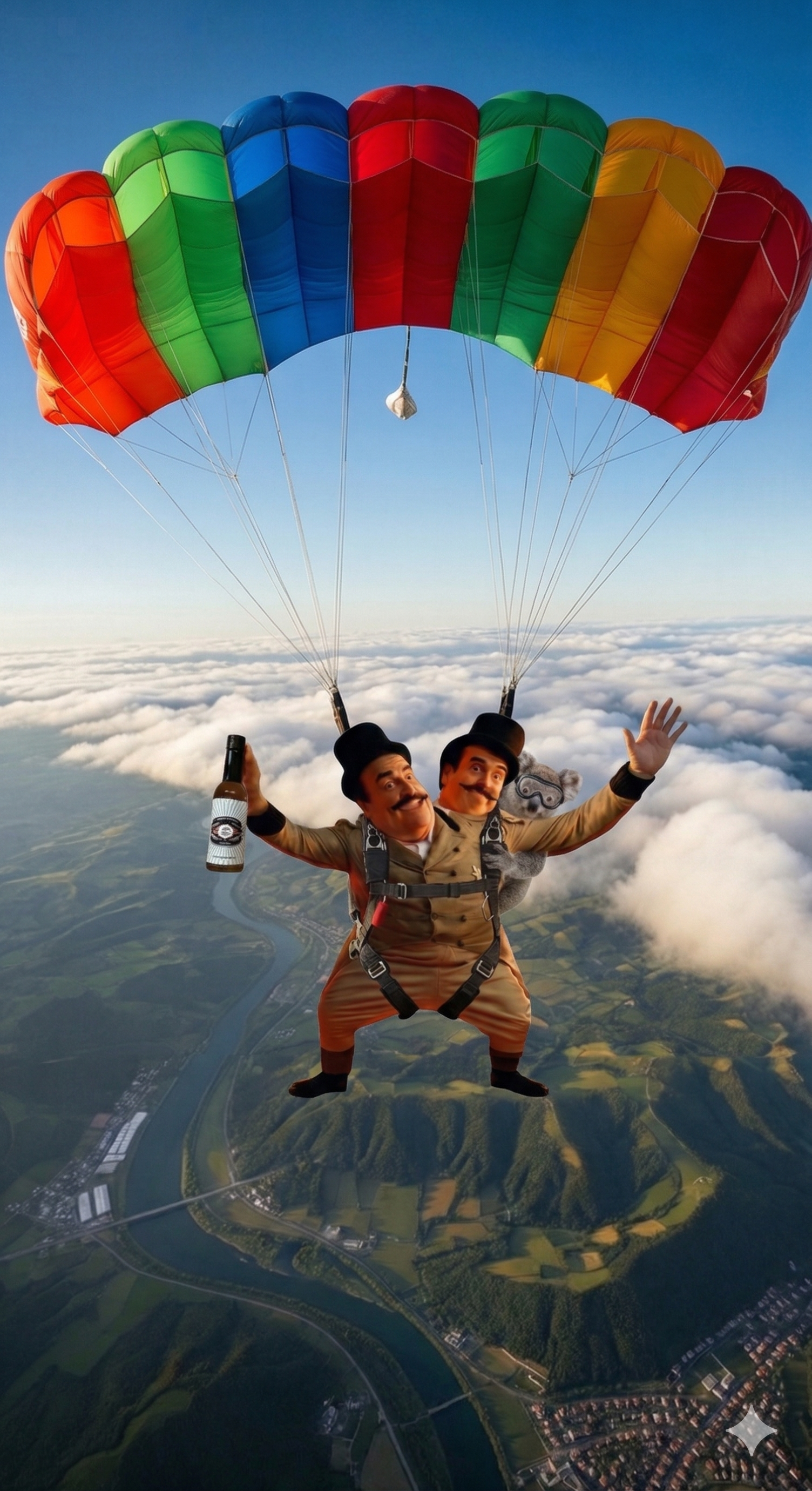 A two-headed figure in a tan suit and top hats skydives under a rainbow parachute, holding a bottle over a landscape. A two-headed figure in a tan suit and top hats skydives under a rainbow parachute, holding a bottle over a landscape.