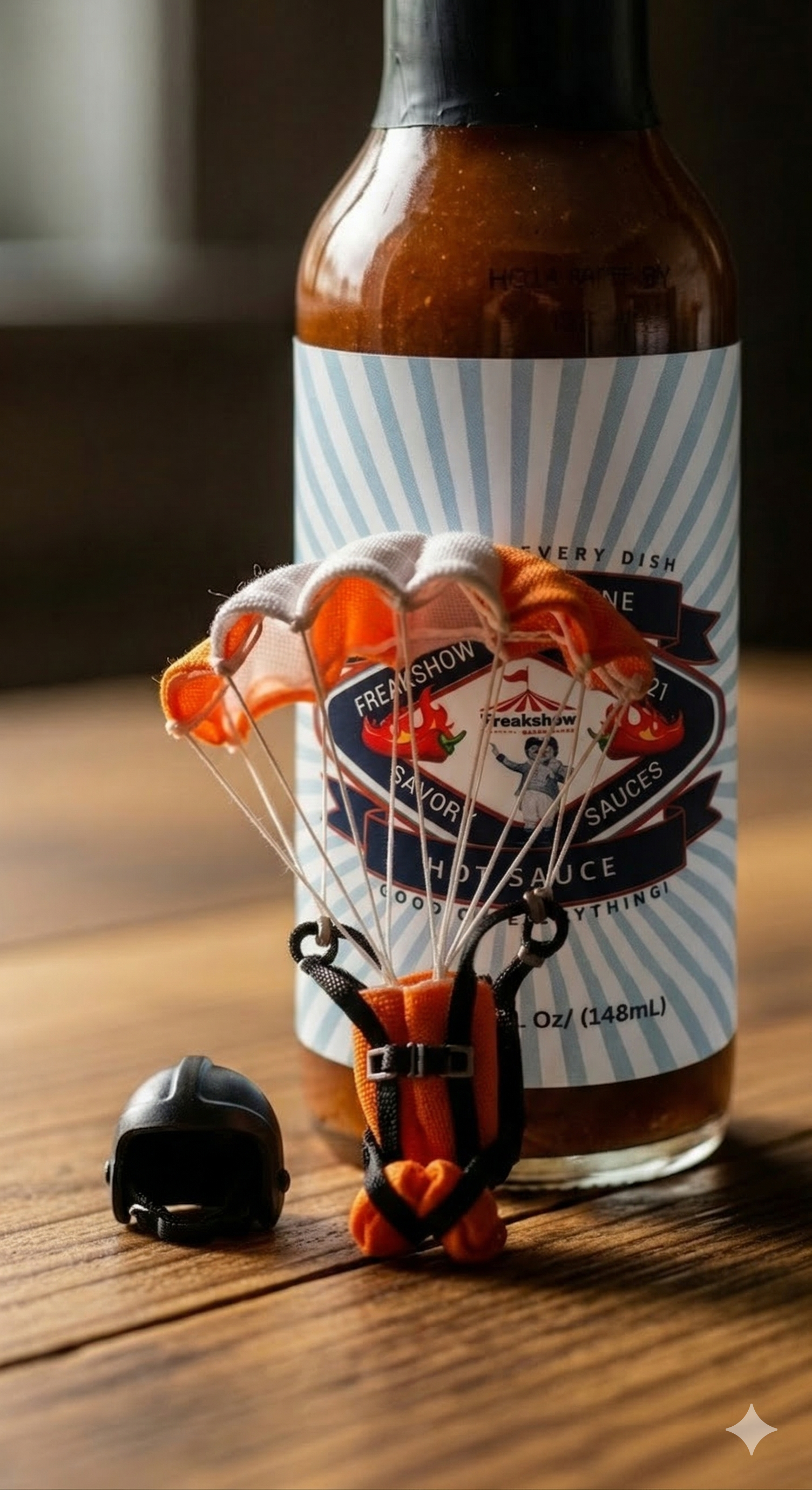 A bottle of hot sauce stands on a wooden surface behind a small toy parachutist and a miniature black helmet. A bottle of hot sauce stands on a wooden surface behind a small toy parachutist and a miniature black helmet.