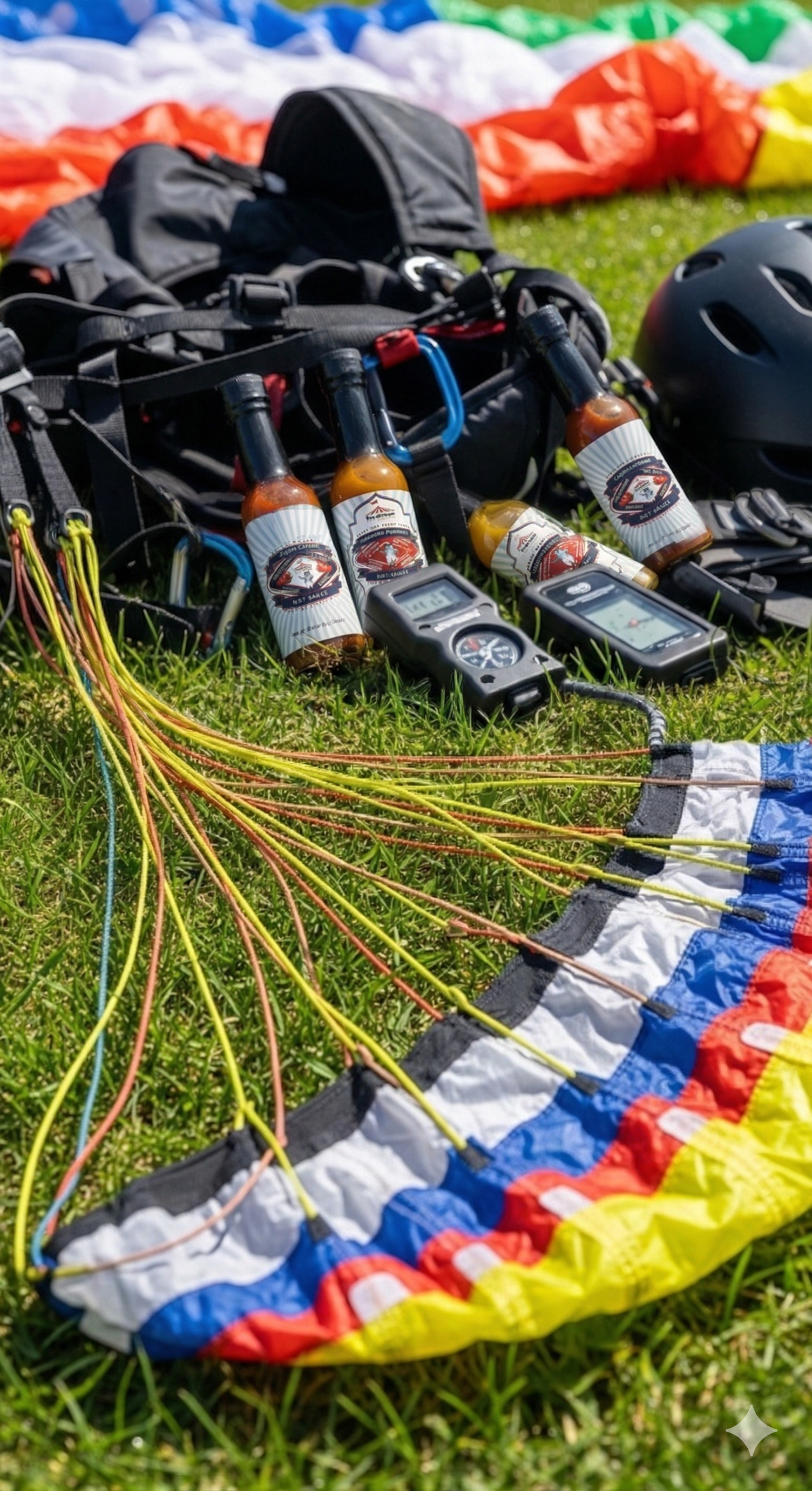 Paragliding gear and two bottles of hot sauce sit on a grassy field, with a colorful canopy spread out in the foreground. Paragliding gear and two bottles of hot sauce sit on a grassy field, with a colorful canopy spread out in the foreground.