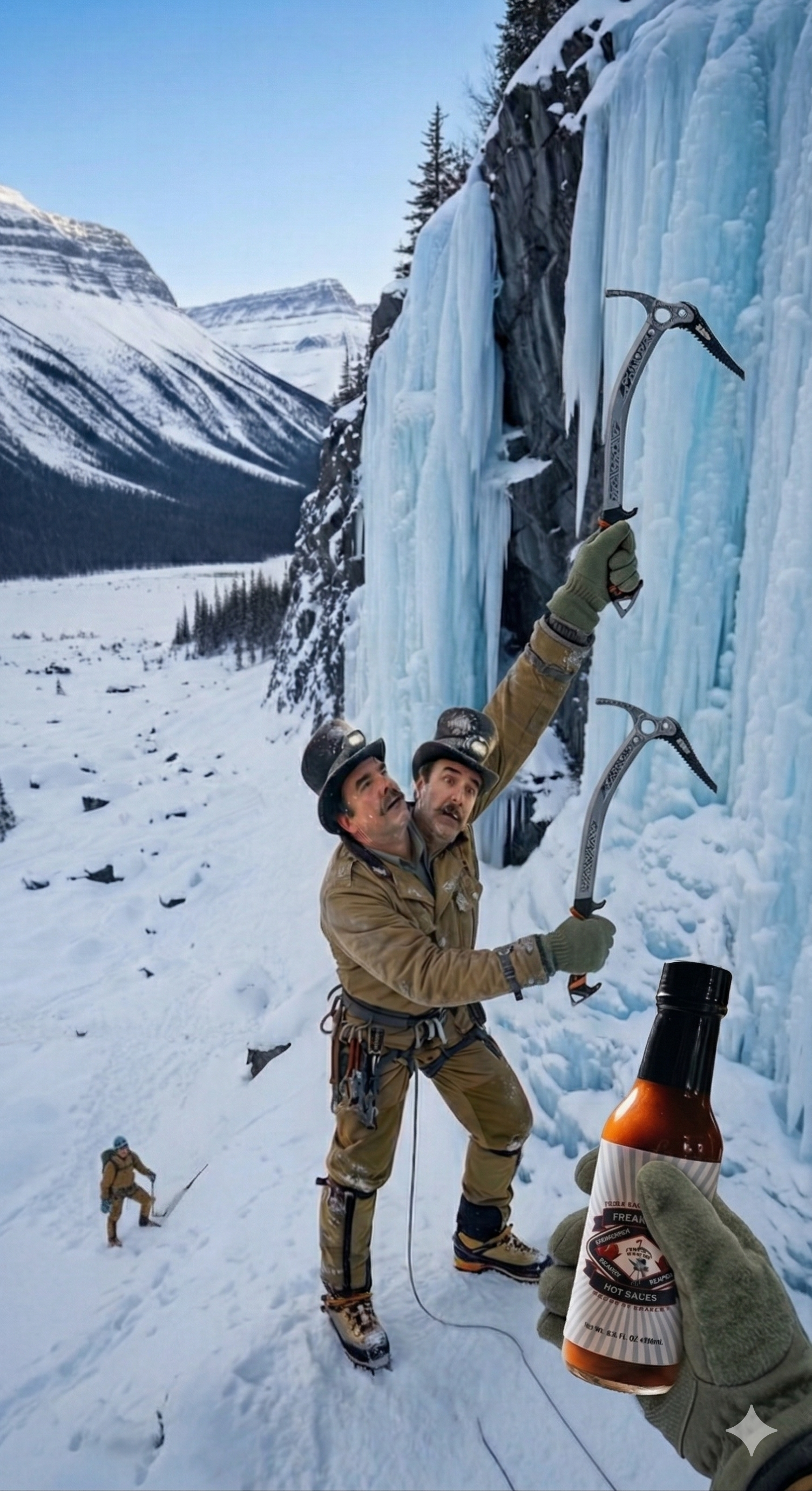A person with two heads climbs a frozen waterfall while holding a hot sauce bottle in the foreground. A person with two heads climbs a frozen waterfall while holding a hot sauce bottle in the foreground.