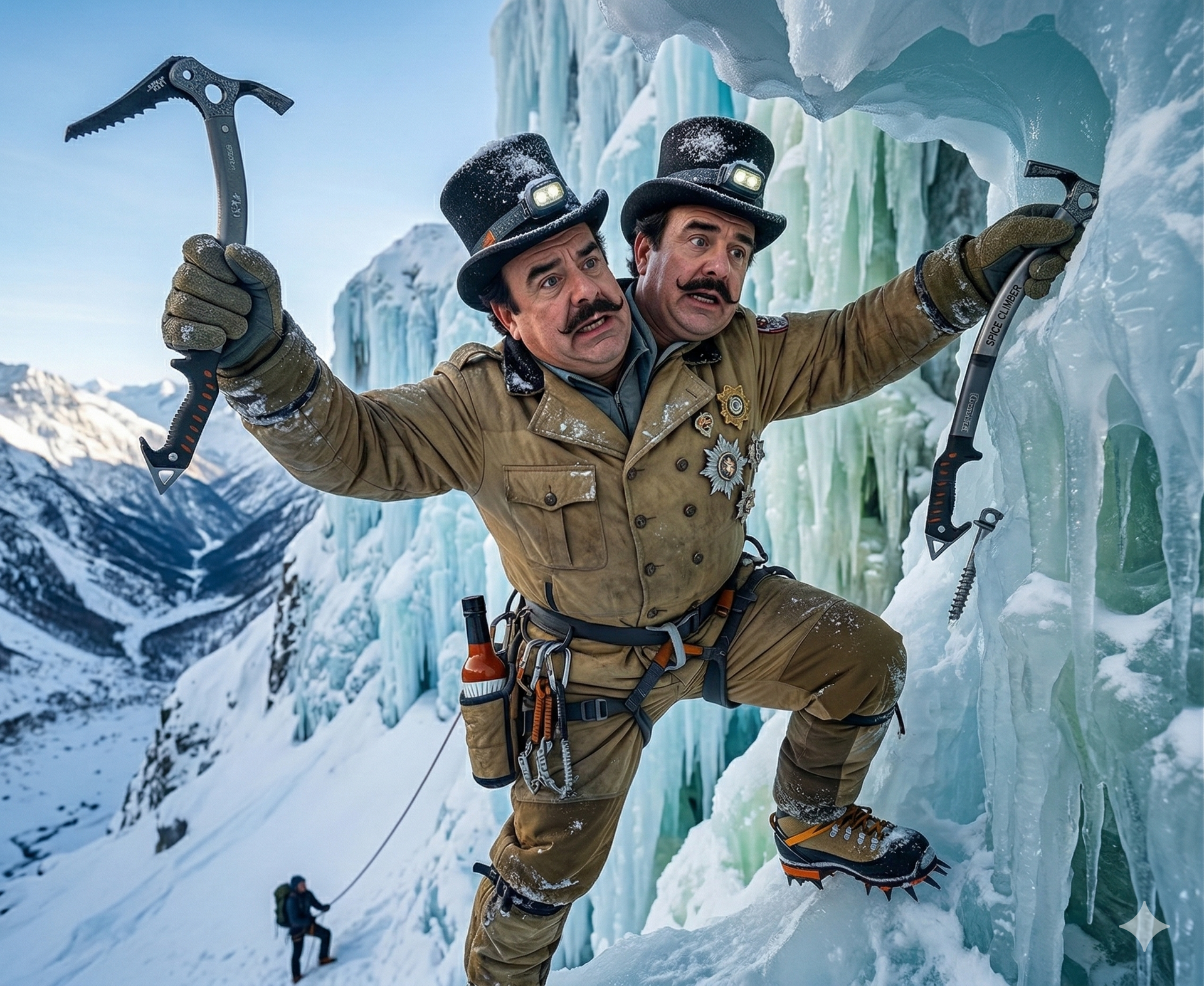 A two-headed man in Victorian-style climbing gear ascends an icy cliff face with ice axes in a snowy mountain landscape. A two-headed man in Victorian-style climbing gear ascends an icy cliff face with ice axes in a snowy mountain landscape.
