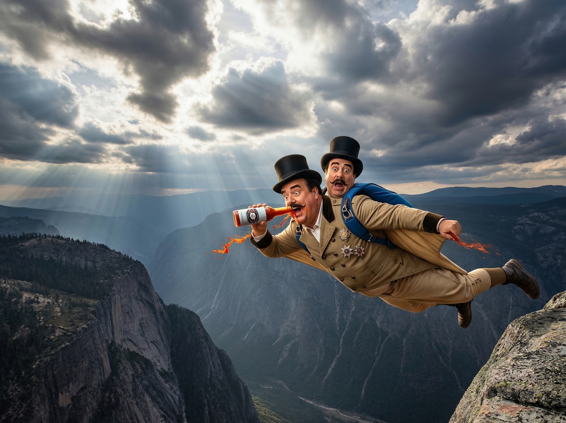 A man in a top hat and suit flies through the air over a deep mountain canyon while drinking from a hot sauce bottle. A man in a top hat and suit flies through the air over a deep mountain canyon while drinking from a hot sauce bottle.