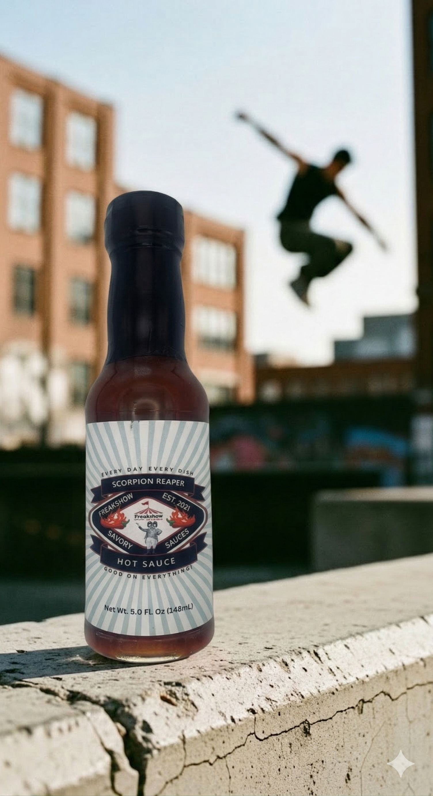 A bottle of Faleot hot sauce sits on a concrete ledge with a person leaping through the air in the blurred background.
