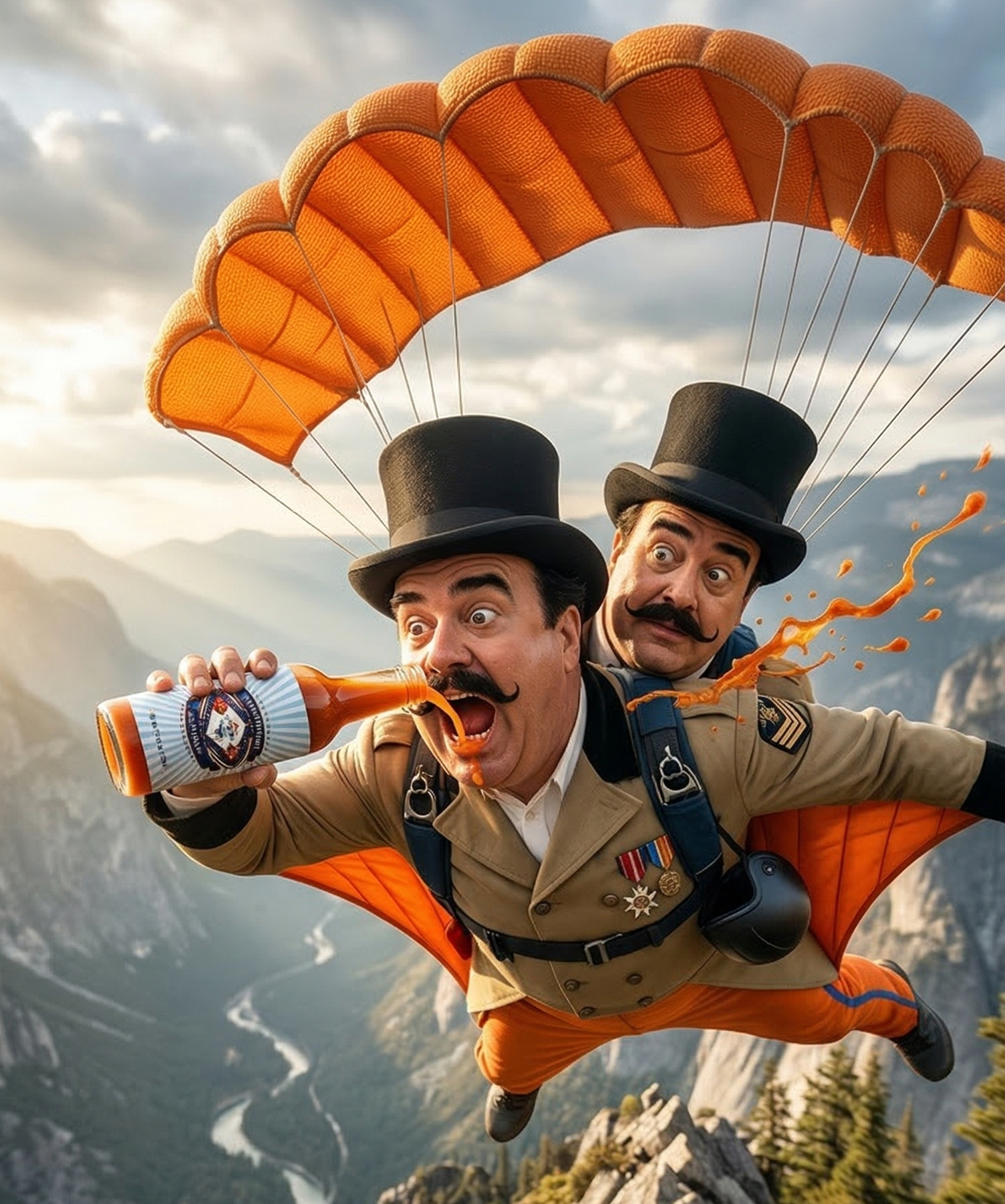 Two men in top hats and flight gear skydive over mountains, one drinking from a bottle of hot sauce.