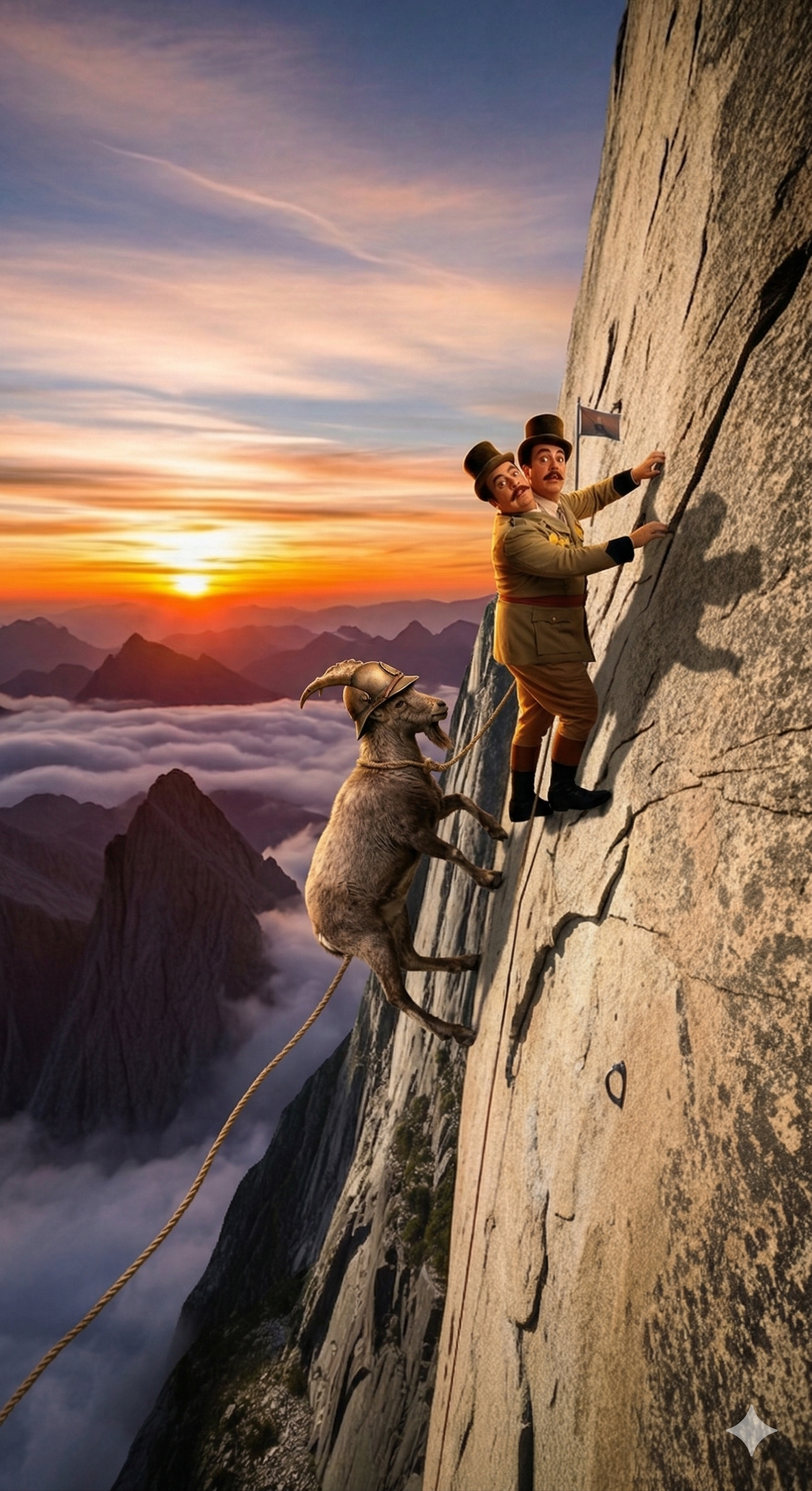 A person in a tan suit and top hat climbs a steep cliff face alongside a mountain goat at sunset above the clouds. A person in a tan suit and top hat climbs a steep cliff face alongside a mountain goat at sunset above the clouds.