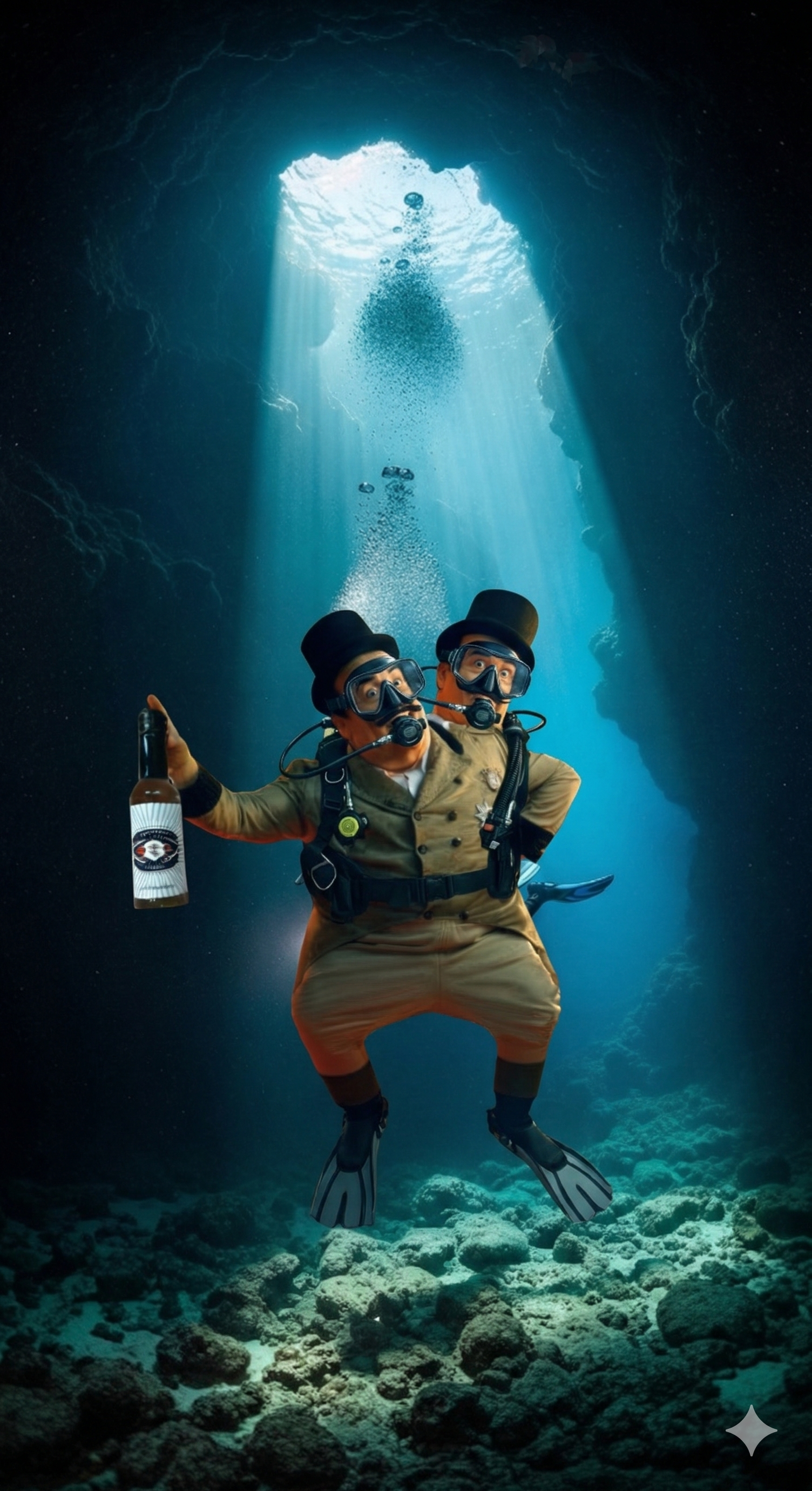 A two-headed diver in a suit and top hat underwater, holding a bottle while swimming through a sunlit cave opening. A two-headed diver in a suit and top hat underwater, holding a bottle while swimming through a sunlit cave opening.