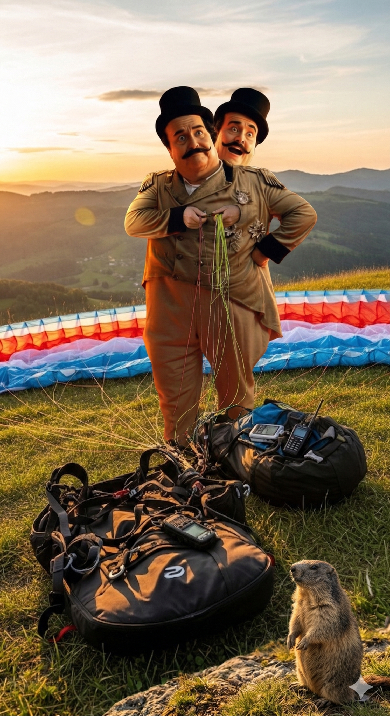 Two figures in top hats and vintage costumes stand on a grassy hill at sunset, pouring green liquid near a small marmot. Two figures in top hats and vintage costumes stand on a grassy hill at sunset, pouring green liquid near a small marmot.