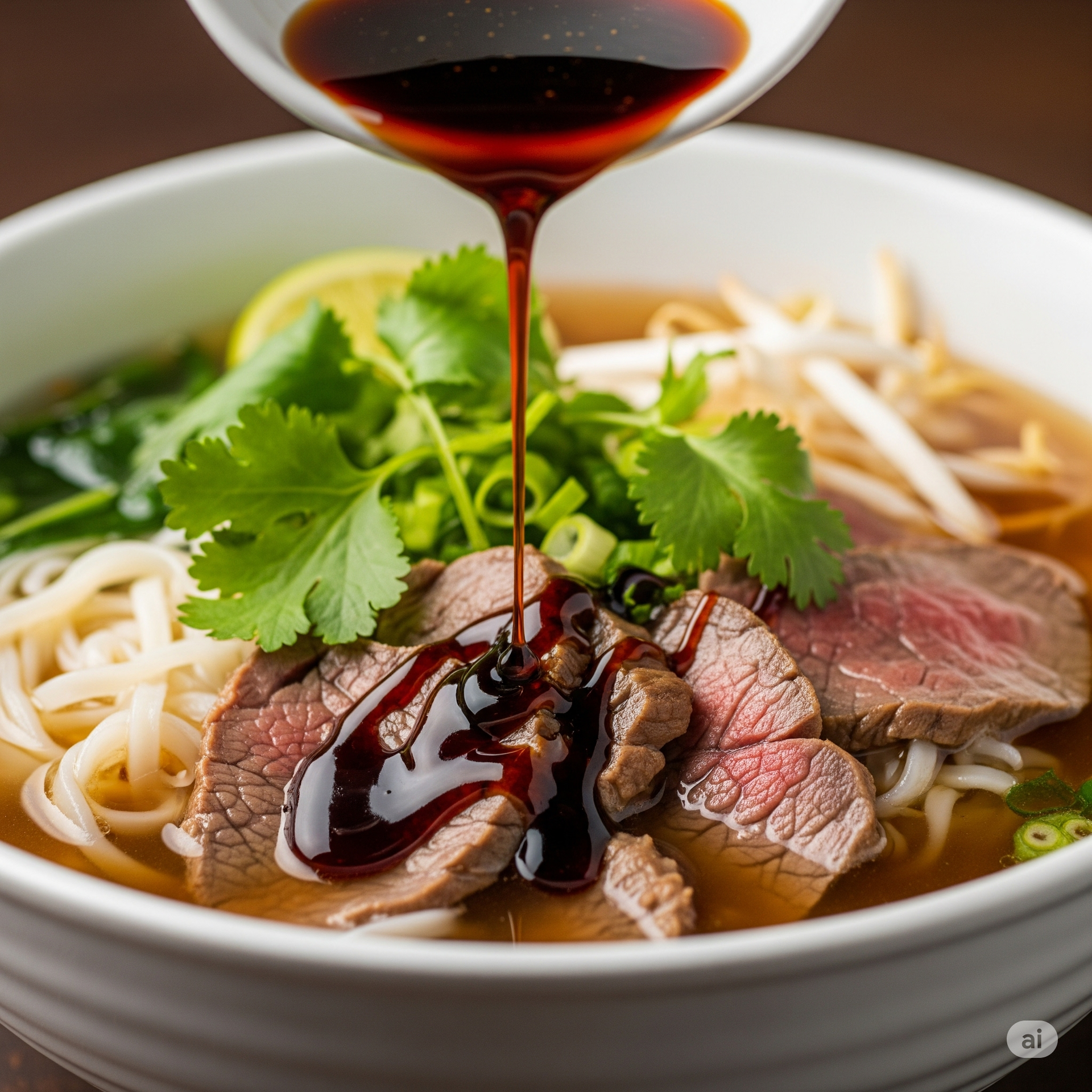 A bowl of soup with meat and noodles is being poured with sauce.