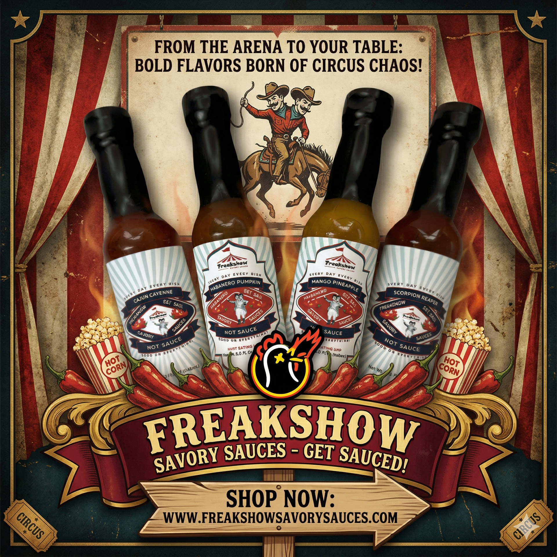 An advertisement for Freakshow Savory Sauces featuring four bottles of hot sauce against a vintage circus-themed backdrop. An advertisement for Freakshow Savory Sauces featuring four bottles of hot sauce against a vintage circus-themed backdrop.