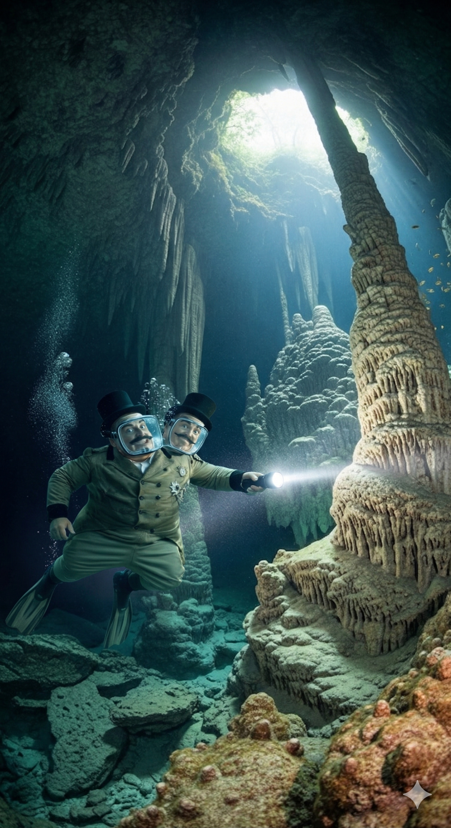 Two divers in top hats and formal jackets explore a sunlit underwater cave, illuminating a large rock formation. Two divers in top hats and formal jackets explore a sunlit underwater cave, illuminating a large rock formation.