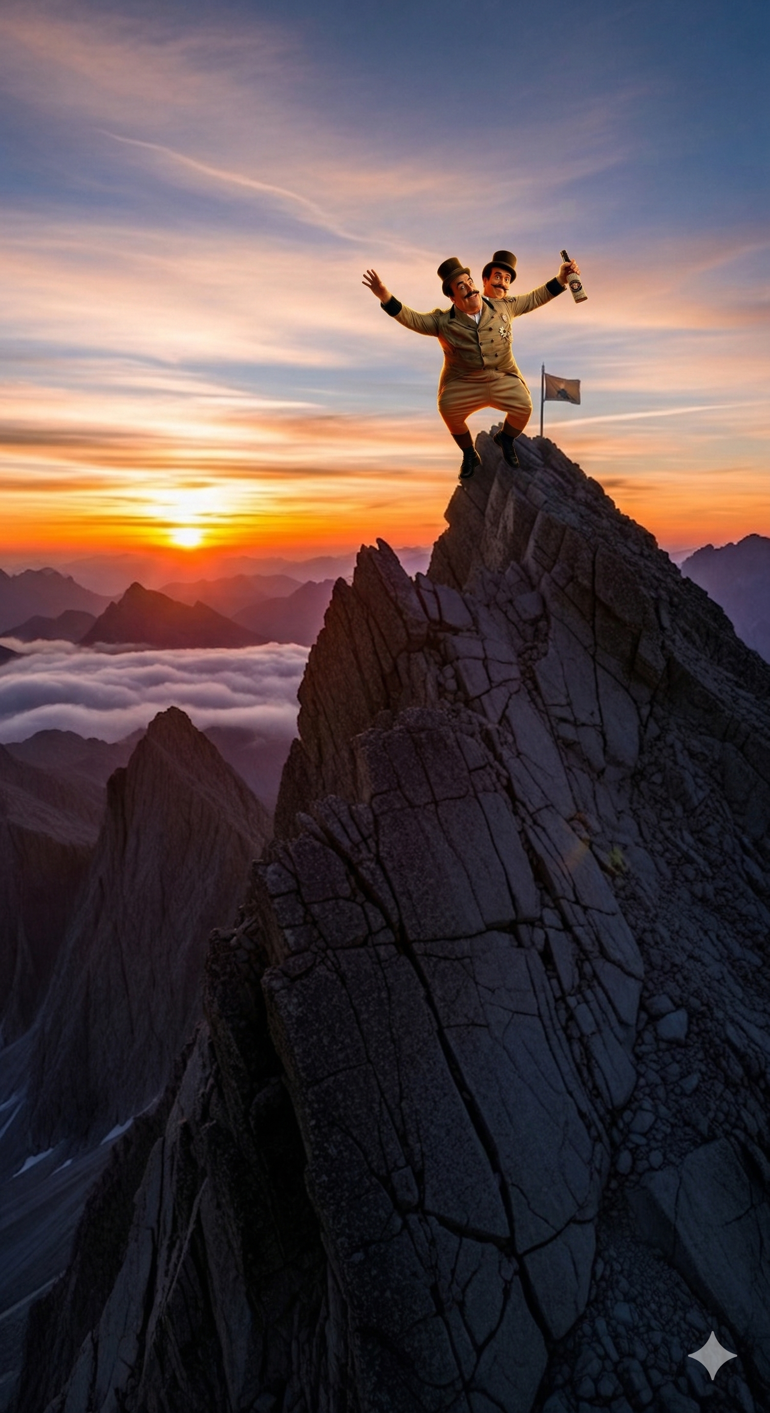 A person in hiking gear stands atop a jagged mountain peak at sunset, arms raised in celebration above a sea of clouds. A person in hiking gear stands atop a jagged mountain peak at sunset, arms raised in celebration above a sea of clouds.